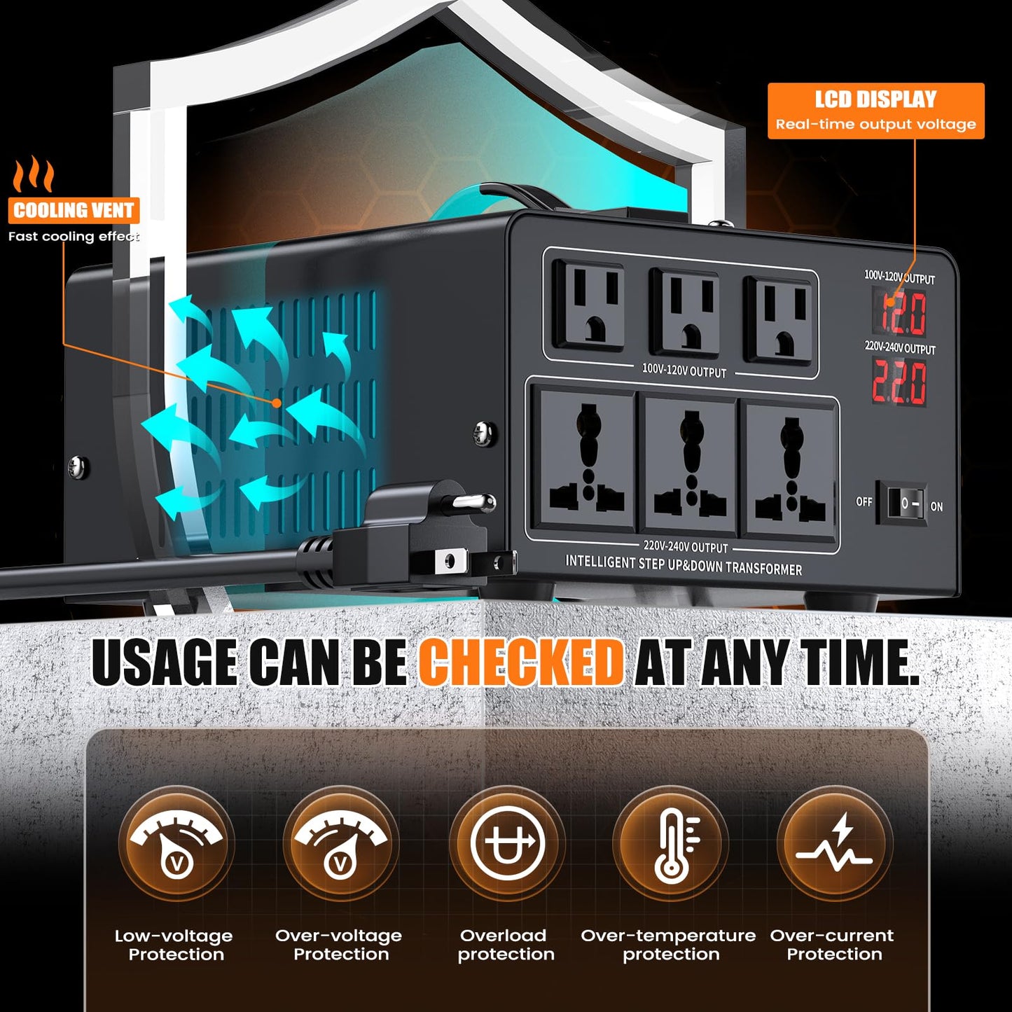 8000W Voltage Converter Transformer Step Up 110V/120V to220V/240V or Step Down 220V to 110V AC Power Converte, Circuit Breaker Protection, 3 US sockets, 3 Universal sockets, LCD Display