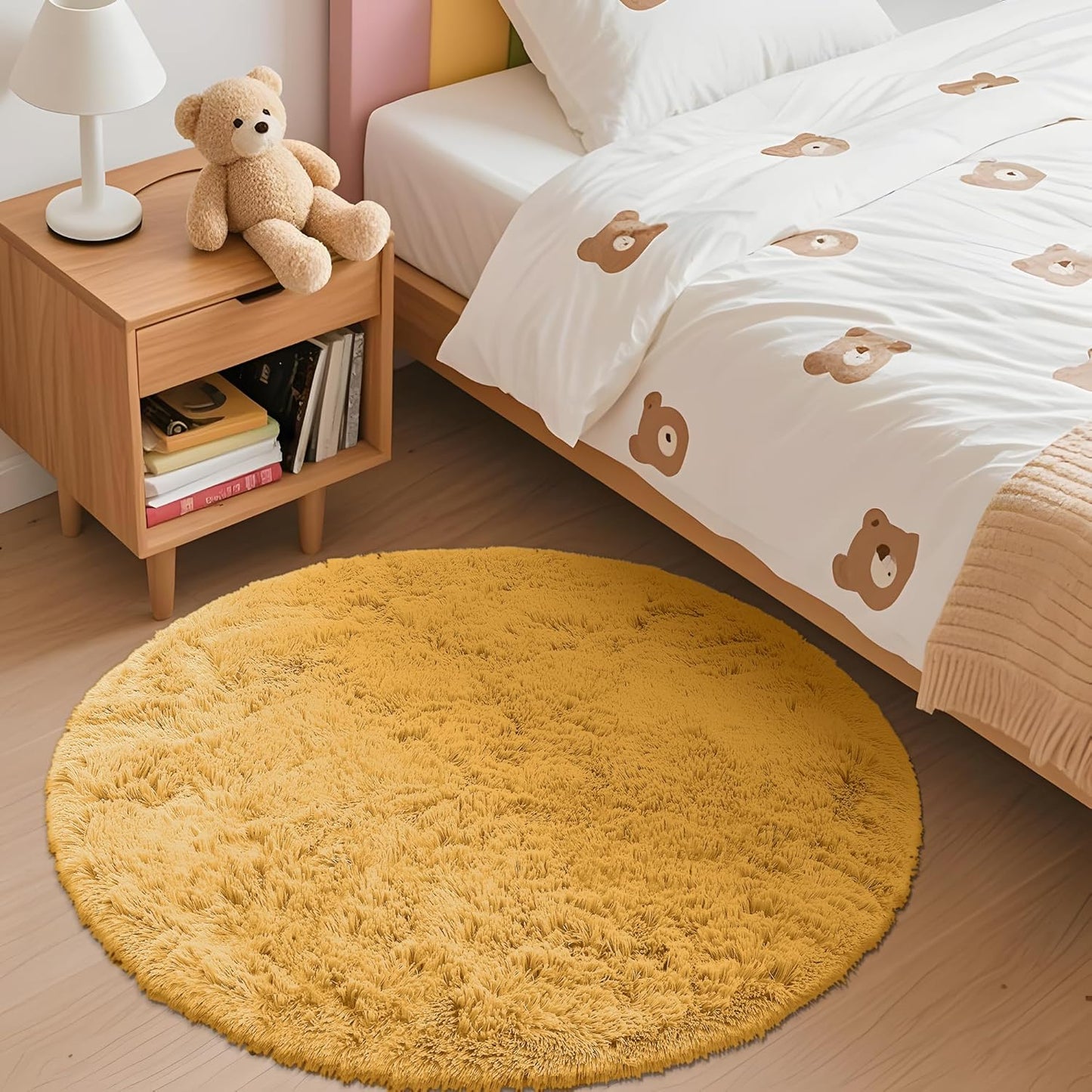 OLANLY Round Mustard Yellow Area Rug - Soft, Fluffy, Machine Washable 3 ft Circle Carpet for Bedroom & Living Room Decor