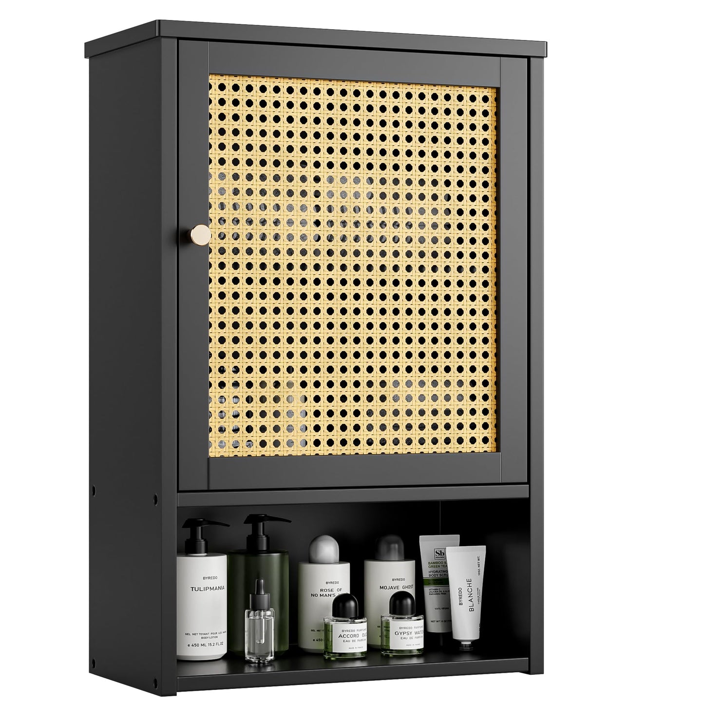 vovala Bathroom Wall Cabinet, Bamboo Over-The-Toilet Storage Organizer with Rattan Doors and Adjustable Shelf, Space Saver Medicine Cabinet for Laundry, Kitchen, Living Room (Black)