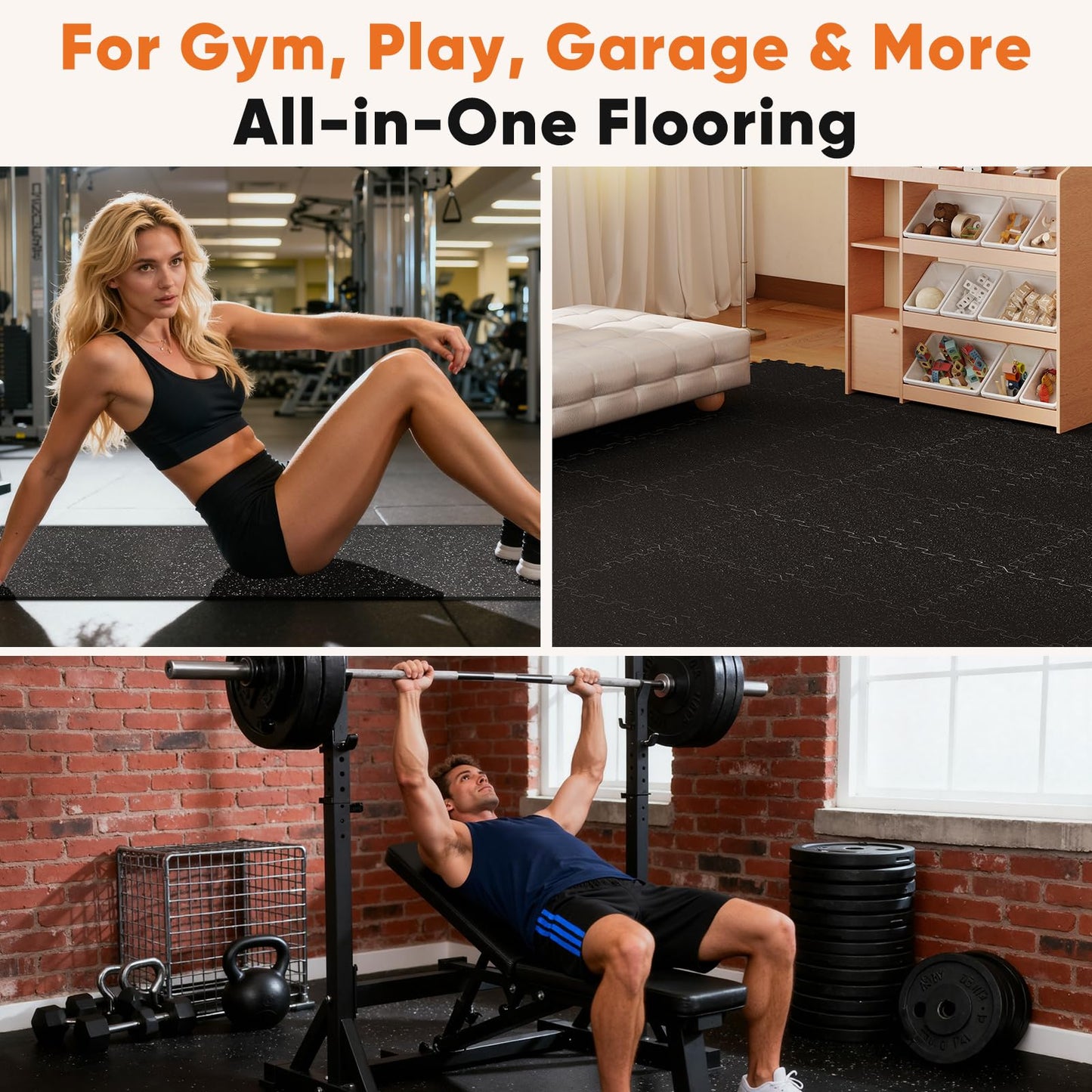 Sweetcrispy Interlocking Rubber Floor Tiles, Gym Flooring for Home Gym Mat 1/2 Inch Thick, Rubber Mats for Floor, Garage, Workout Space, Non-Slip, 6pcs