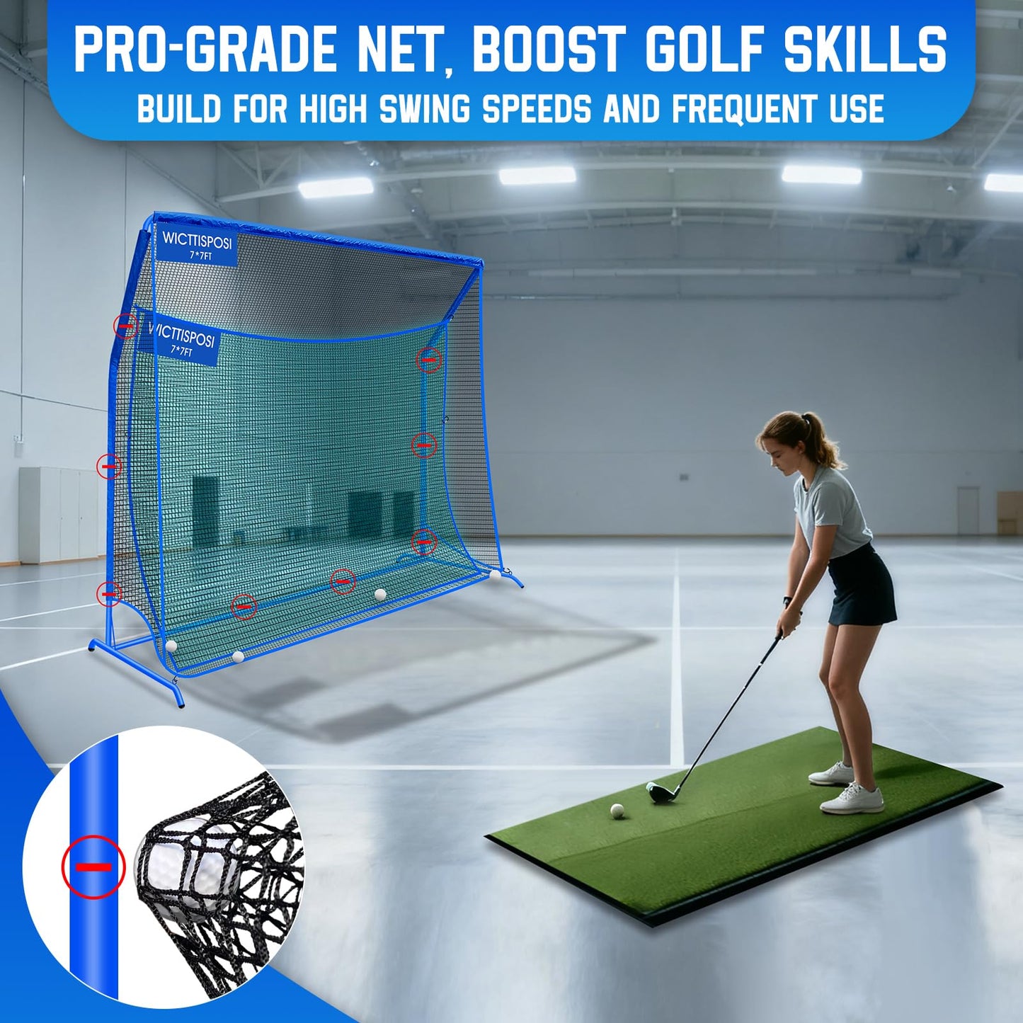 Golf Hitting Net with Extra Striking Net, 7x7ft Heavy Duty Golf Practice Net for Golfers Backyard Driving Swing, Golf Impact Net Cage Metal Frame with Storage Bag and Elevated Base, Indoor Outdoor Use