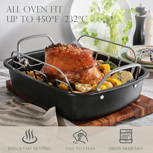 KITESSENSU Nonstick Turkey Roasting Pan - Heavy Duty 17 x 14 Inch Chicken Roaster with Rack - Gold Finish