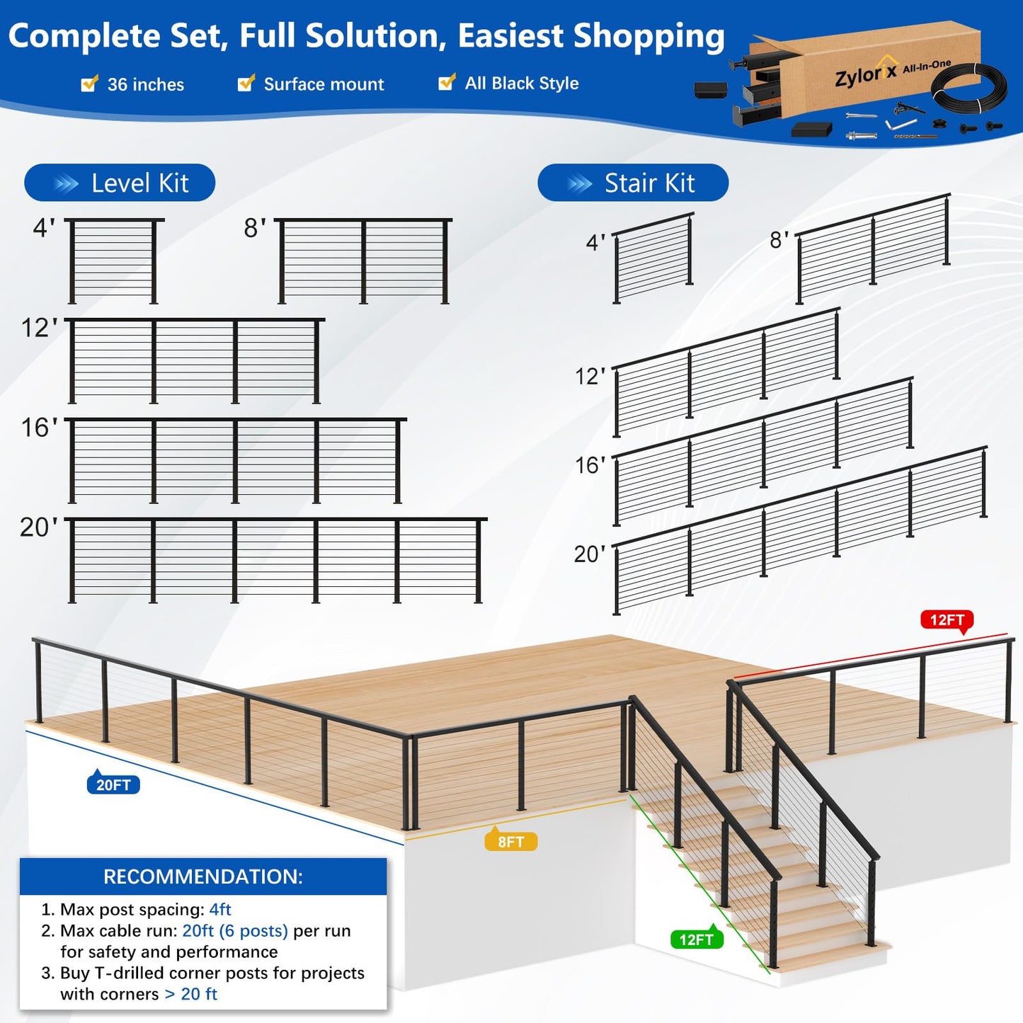 Zylorix 4ft-8ft Complete Set 36" Cable Railing System 33° Drilled with Cuttable Handrail, Modular Black T304 Stainless Steel Angled Stair Cable Railing Posts Kit for 28-38° Wood Concrete Stair
