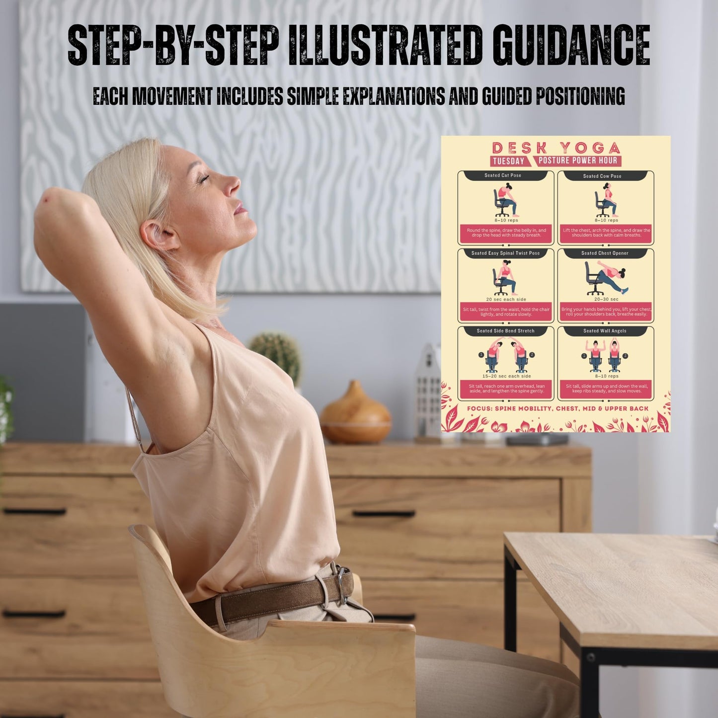 Auroscent Desk Yoga 7-Day Seated Stretching Routine – Chair Yoga Workout Charts, Office Exercise Program for Neck, Shoulders & Back, Daily Mobility & Stretch Guide for Home or Work