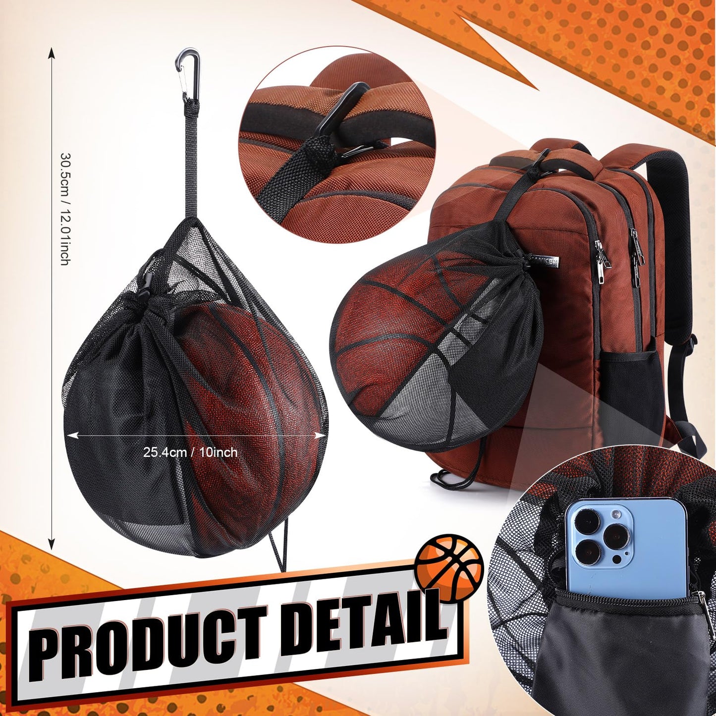 Dansydaisy 6 Pcs Mesh Ball Bags Basketball Volleyball Football Single Storage Bag with Zipper Pocket Drawstring Sling Back Bag D Rings for Carrying Ball