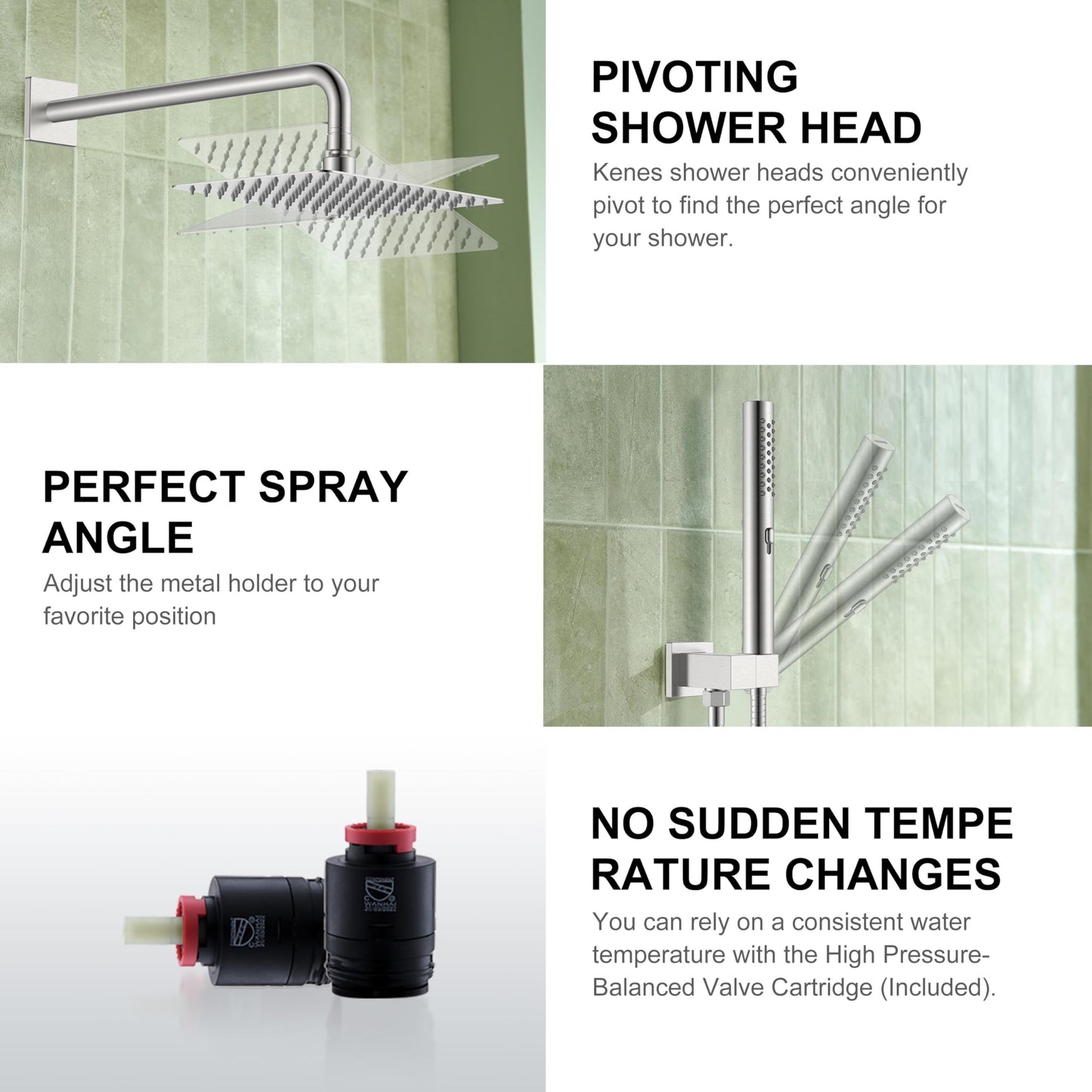 KENES Square Rainfall Shower System Faucet Set, Brushed Nickel Rain Shower Head and Handle Set, 10 Inch Stainless Shower Head with Handheld Spray (Shower Valve Included), LJ-6026A