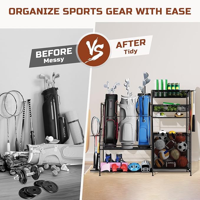 Garage Sports Equipment Organizer,3 Golf Bags Storage Stand,Heavy-Duty Ball Storage Rack with Basket and Hooks,Space-Saving Design for Toy Sports Gear Storage Indoor/Outdoor Use (Black)