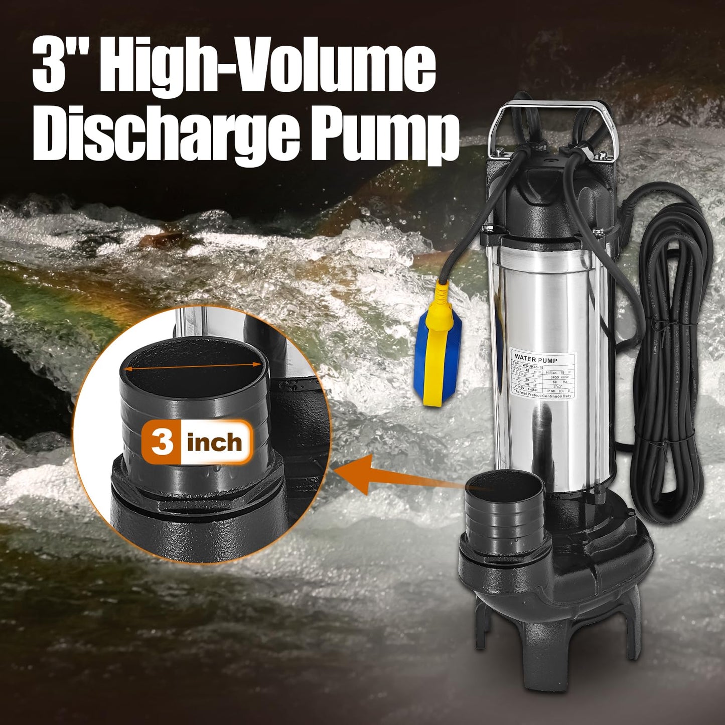 Upgraded 12PN 2hp Submersible Sump Pump With Float Switch Replacement for 12-PN 30391 Pond Waterfall Pump, Cast Iron and Stainless Steel, 11888 GPH, 3" Discharge, H Max 59ft