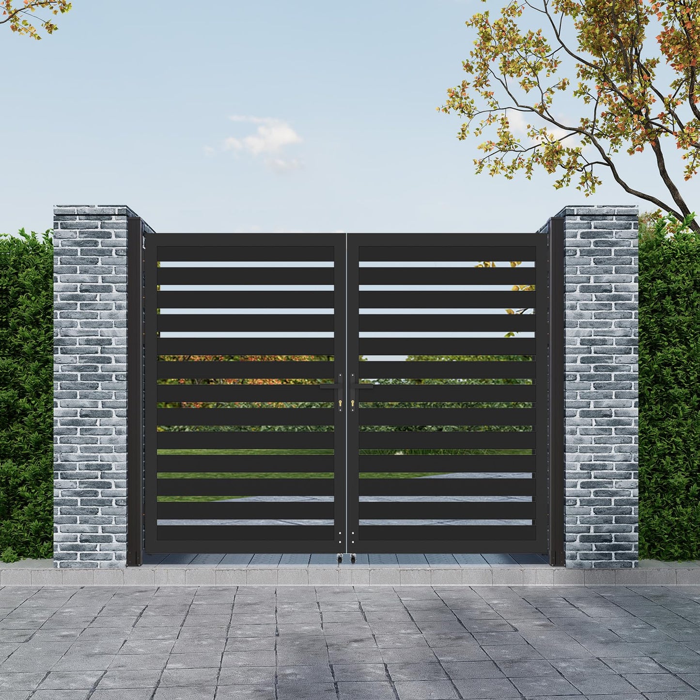 Mondaria Aluminum Double Fence Gate, 6FT H x 8FT W Outdoor Driveway Privacy Gate with Heavy Duty Metal Frame, Rustproof Powder-Coated Gate with Lockable Handle Kit, Horizontal Slat (Without Post)