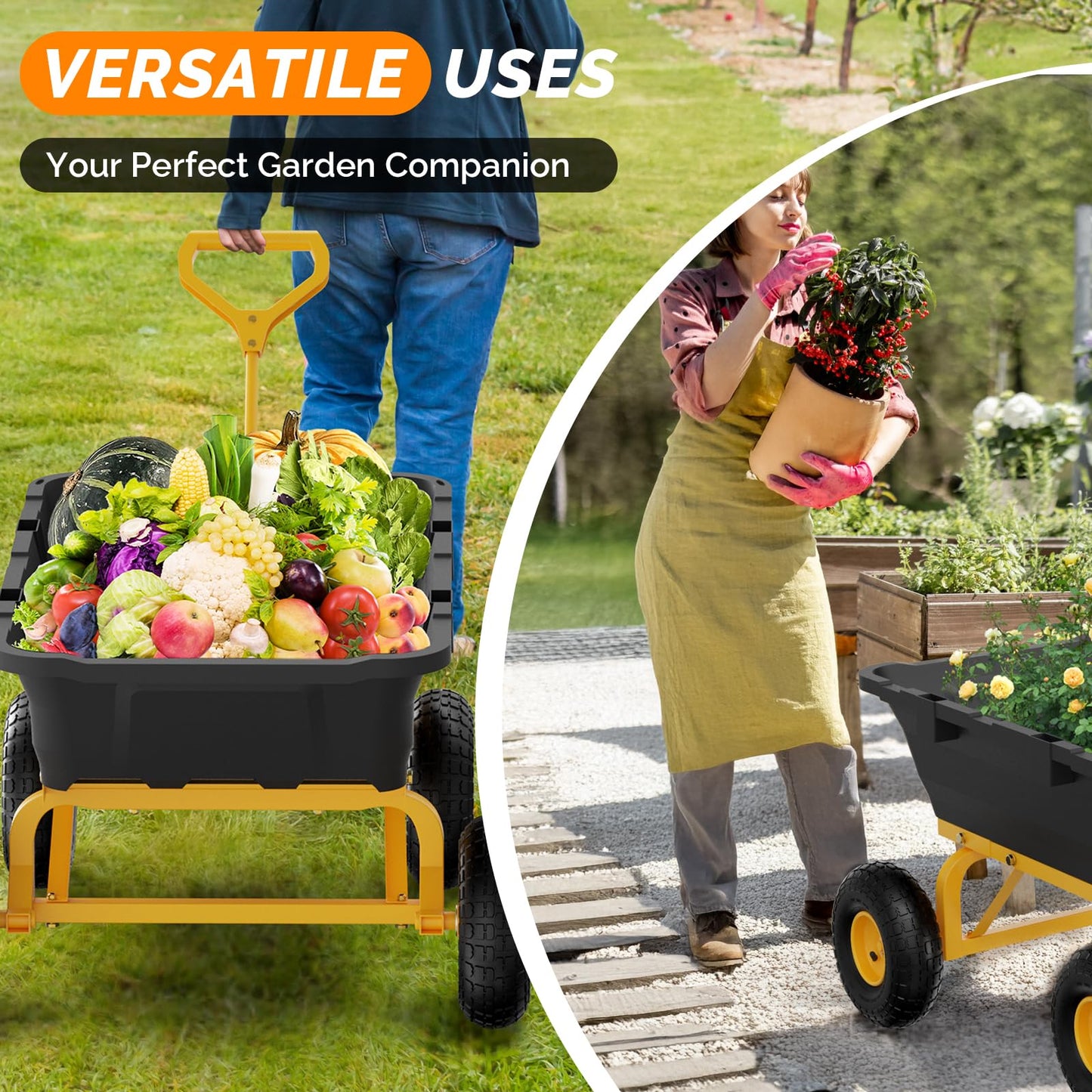 VINGLI Heavy Duty Dump Cart Wagon, 800LBS Quick-Release Dump Poly Wheelbarrow, 10in All-Terrain Pneumatic Tires Garden Wagon for Garden, Yard, Beach