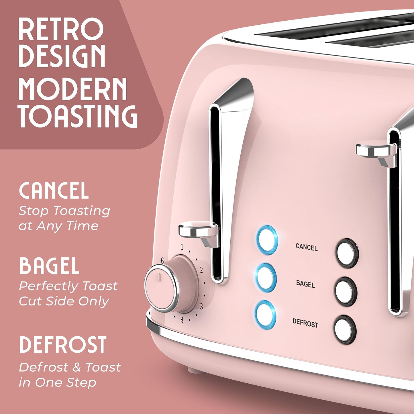 Mueller Retro Toaster 4 Slice with Extra Wide Slots Bagel, Defrost, and Cancel Function, 6 Browning Levels, Dual Independent Controls, Removable Crumb Tray and High Lift Levers, Sage Green