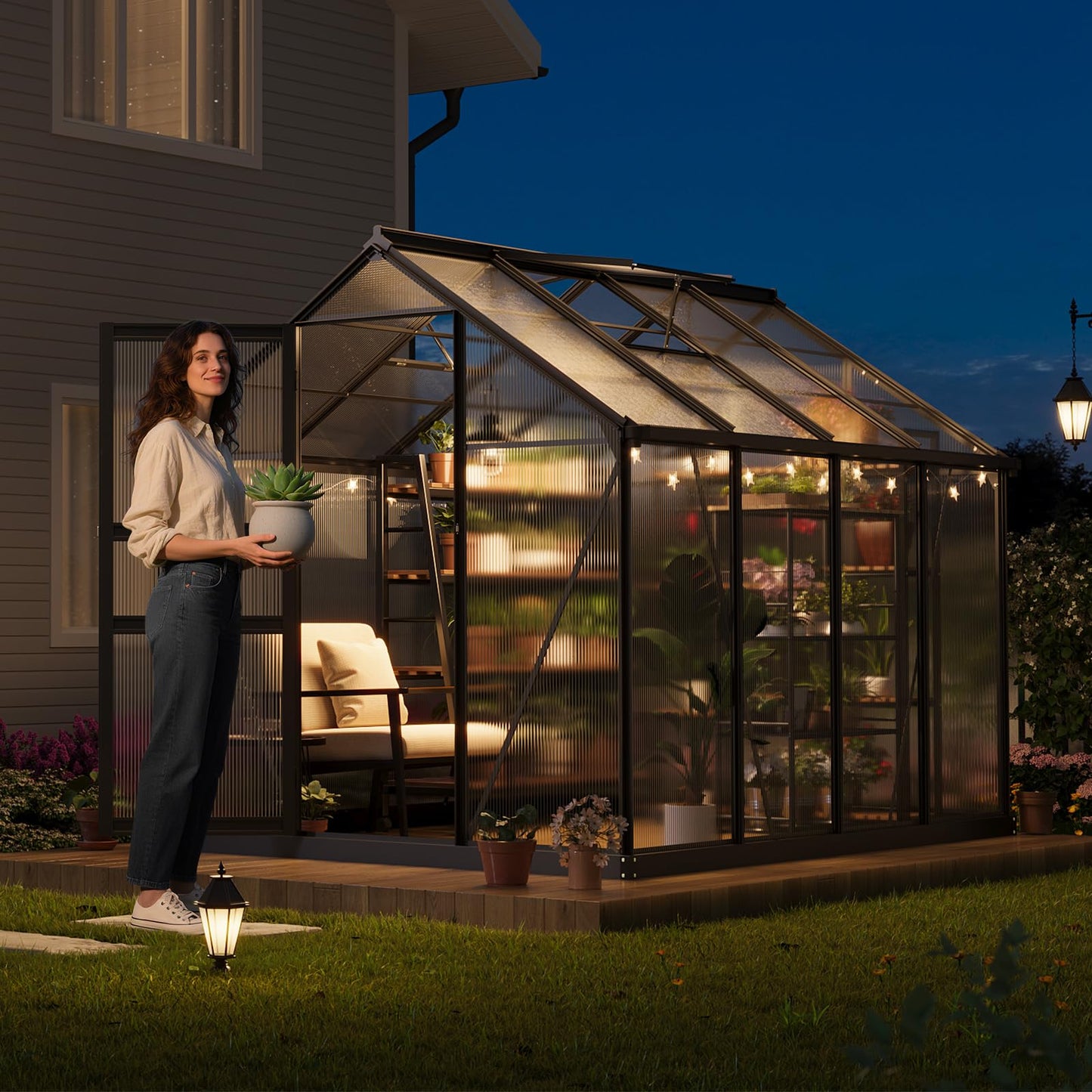 GarveeLife Greenhouse, 8×6FT Greenhouses for Outside, Polycarbonate Greenhouse with Aluminum Frame, Lockable Door and Ajustable Roof Vent for Backyard, Green Houses for Outside Garden Backyard, Patio