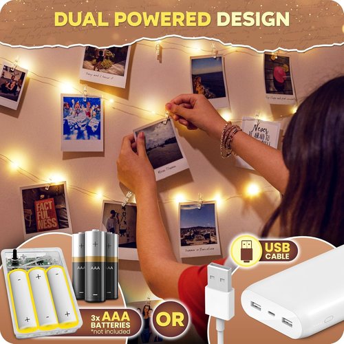 Mind-Glowing Photo Clips String Lights - Warm White Fairy Lights for Hanging Pictures | 50 LED, 16.4 ft - Perfect Teen Girl Room Decor & Birthday Gift