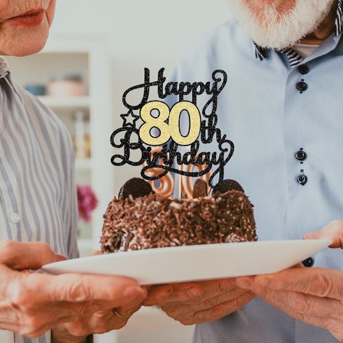 Happy 80th Birthday Cake Topper by [Brand Name] - Black Gold Glitter Cheers to 80 Years Decoration