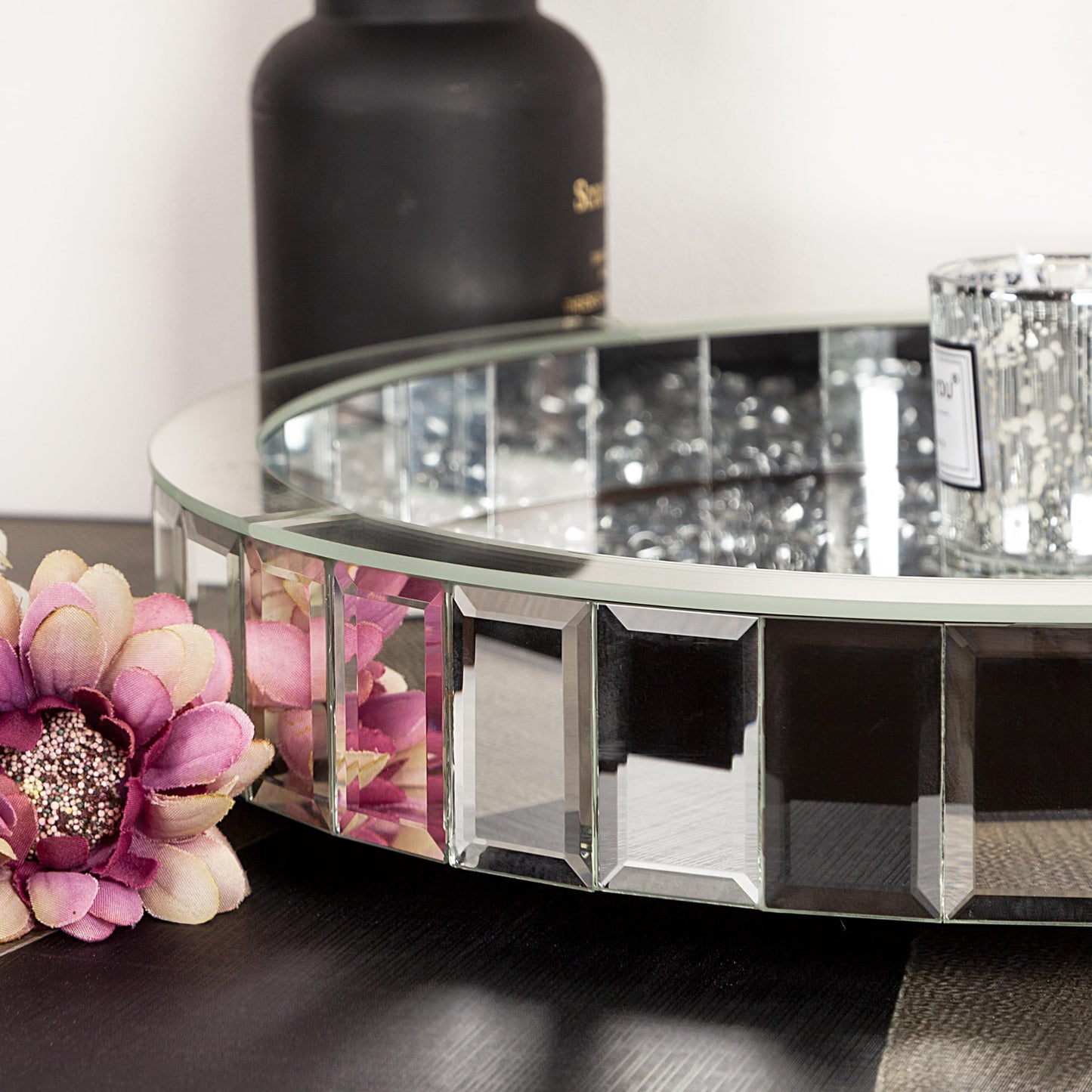 Blingworld 14" Mirrored Tray with Lazy Susan, Easy Access, Super Gorgeous Round Tray with Crushed Diamond Silver Finish - Perfume Organizer & Jewelry for Dresser