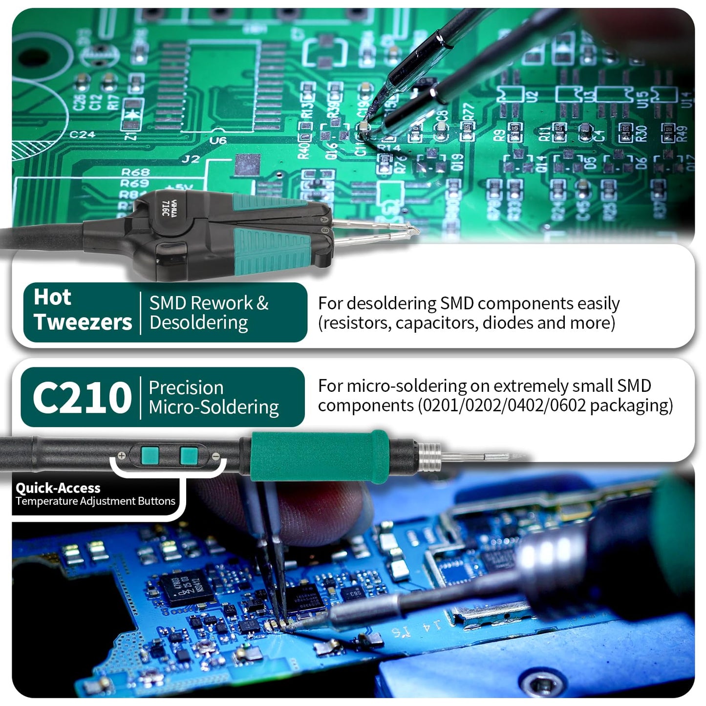 YIHUA 982D-III 2-IN-1 Precision Soldering Station with C210 Soldering Iron and C120 Hot Tweezers Cartridge Tip System for SMD Rework, Micro Soldering, Professional Soldering Iron Kit