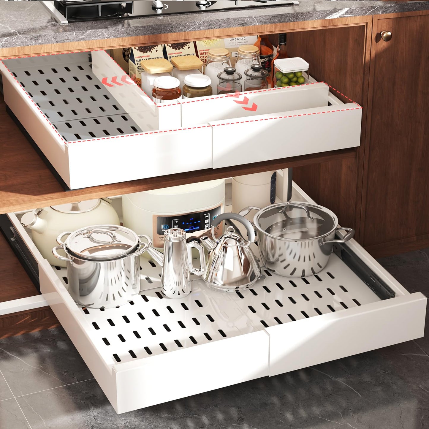 Seinloes 1 Pack Pull Out Cabinet Organizer Expandable Width(13"-21") and Depth(17"-24"), Slide Out Drawers With Raising Pad for Framed Cabinets, No Drill Roll Out Shelves for kitchen, Bathroom, White