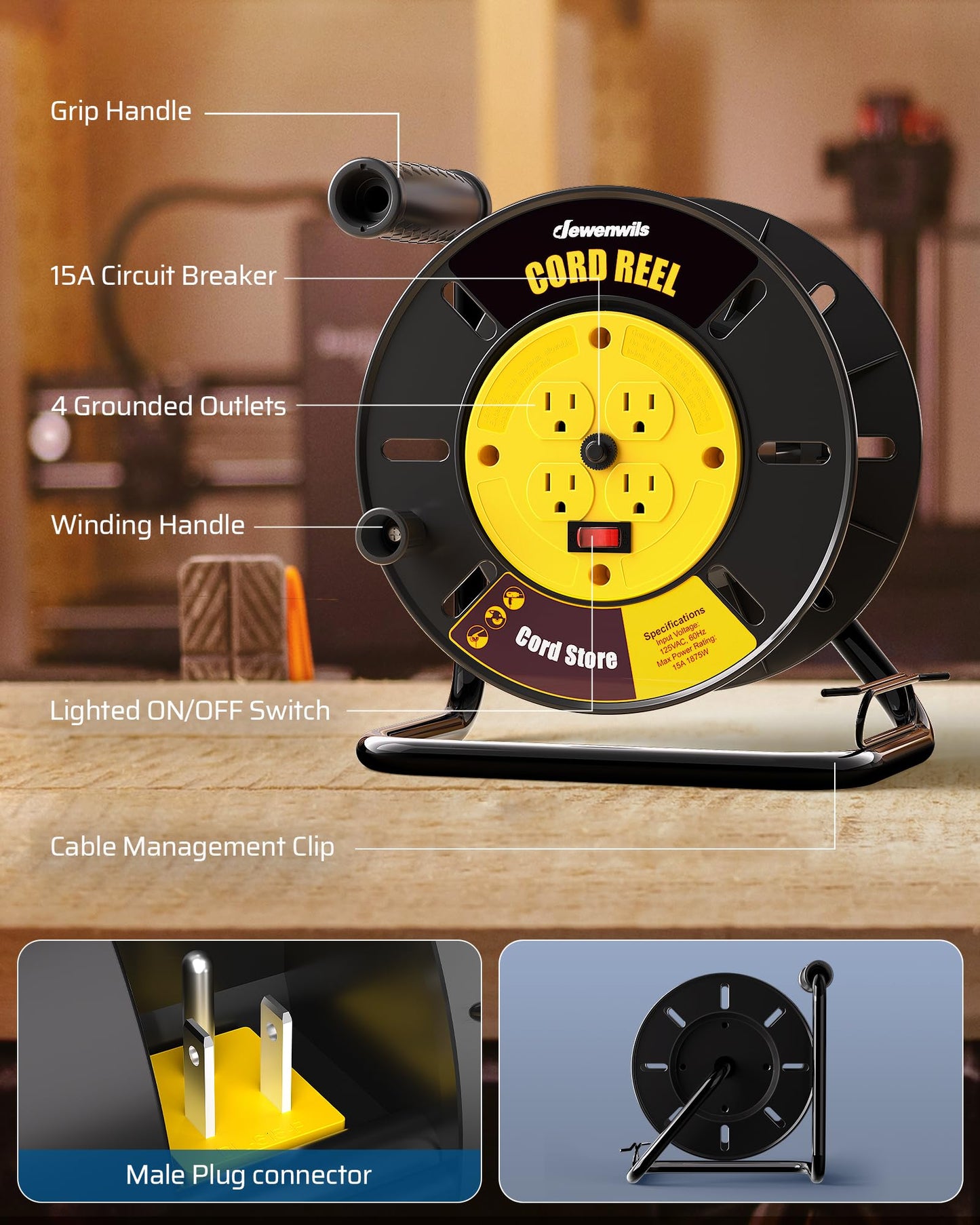 DEWENWILS Extension Cord Storage Reel with 4-Grounded Outlets, Heavy Duty Open Cord Reel for 12/3,14/3,16/3 Gauge Power Cord, Hand Wind Retractable, 15A Circuit Breaker, Rocker Power Switch