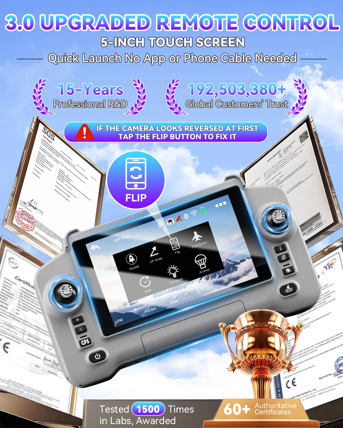 3.0 Upgraded GPS Drone for Adults -【5 Inch Full Touchscreen Controller】【 6K EIS Ultra Clear Camera】60-Min Long Flight Time with 2 Batteries, 10KM Video Transmission, Smart Auto Return, Under 249g