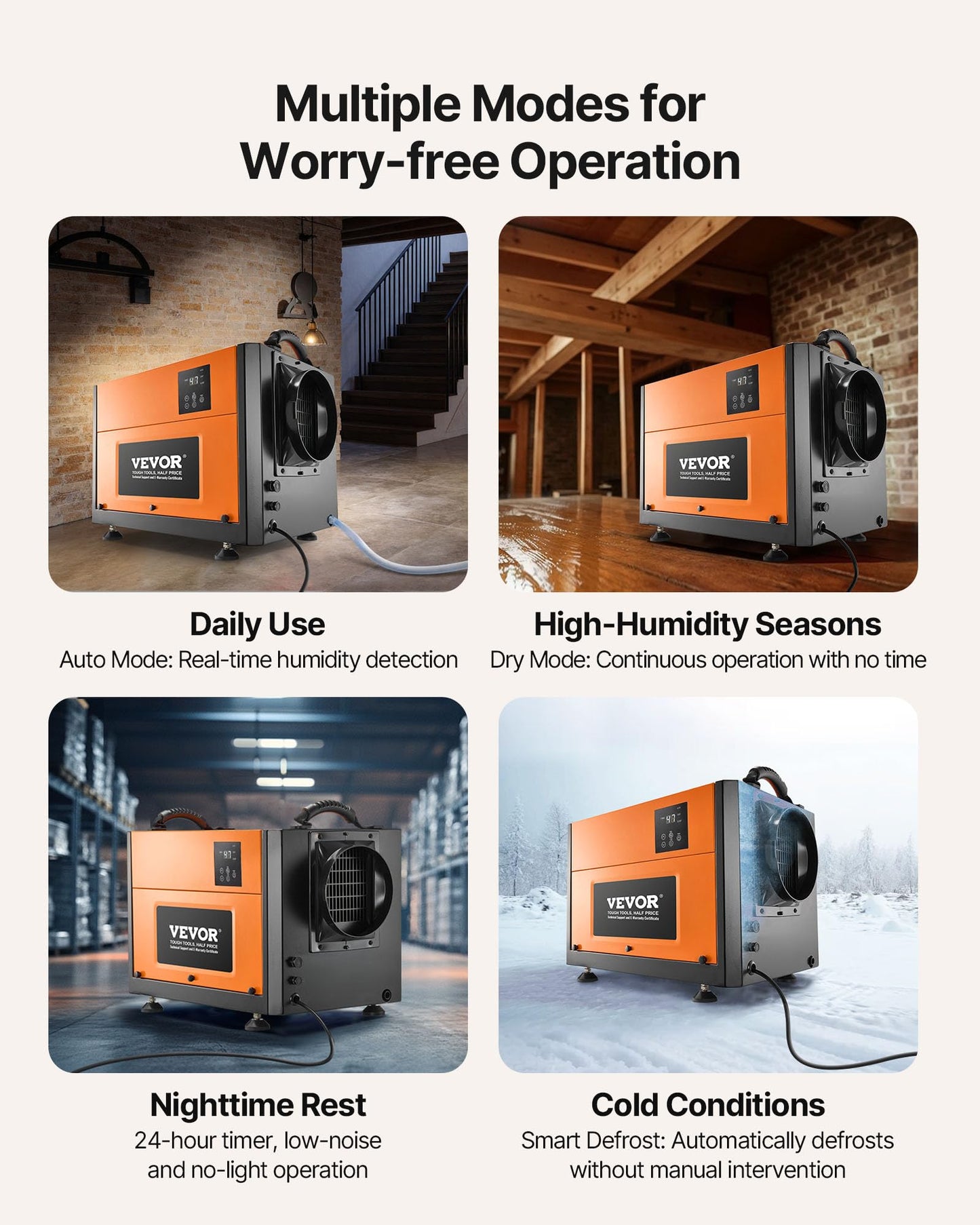 VEVOR 125 Pints Commercial Dehumidifier with Drain Hose, Portable Crawl Space Dehumidifiers for Basement Storage Room Industrial Grade, Auto Defrost/Drainage, Heavy-duty Galvanized Steel, LED Indicate