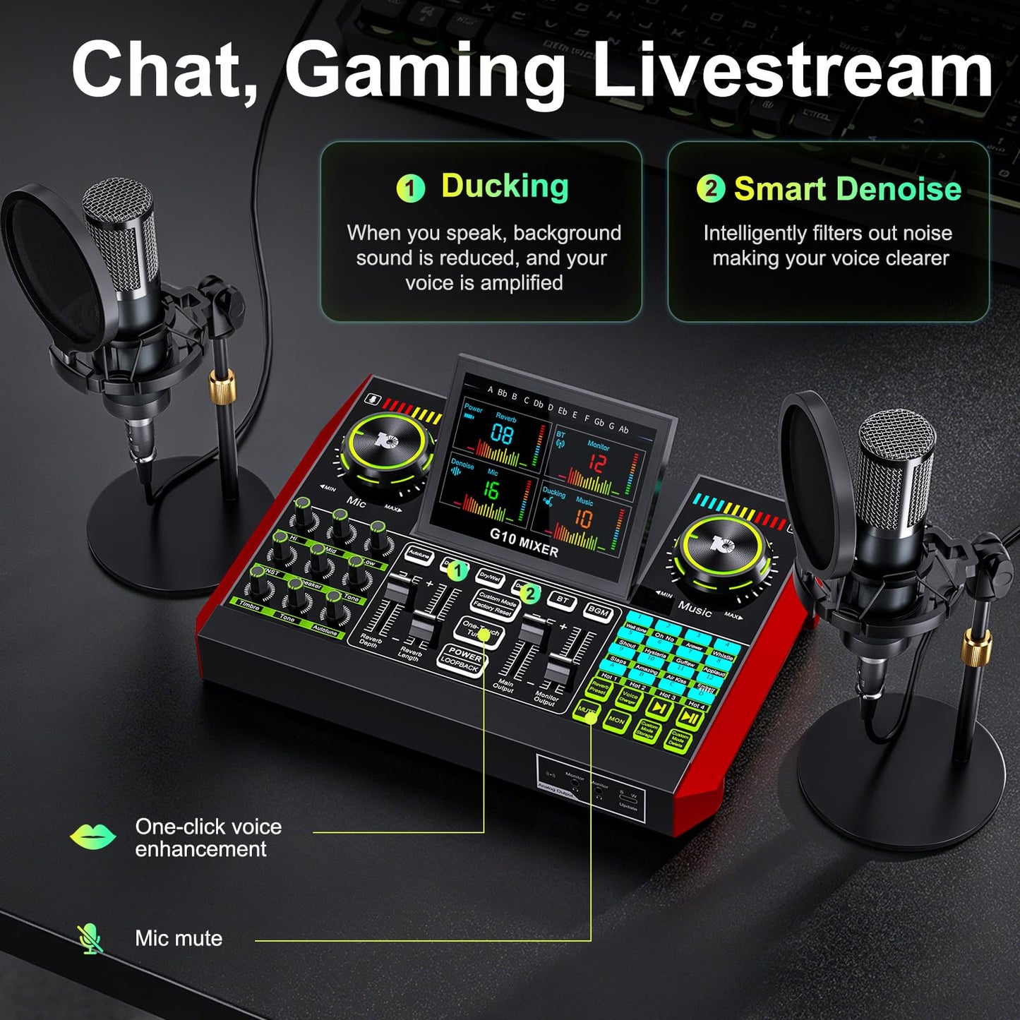 tenlamp G10 Dual Microphone Podcast Equipment Bundle with Live Sound Board Audio Mixer - Two Condenser Mics, Voice Changer, Noise Reduction, for PC/Phone Streaming, Gaming, Singing, Podcast