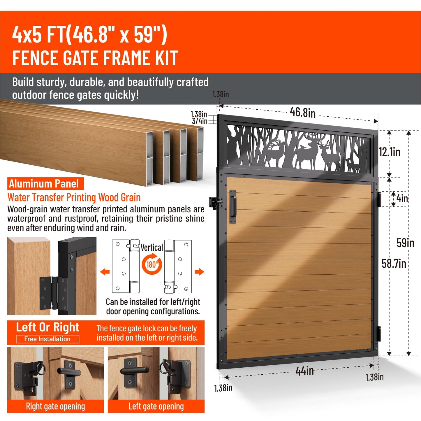 Uphode 4x5FT(46.8" x 59") 201 Stainless Steel Fence Gate Kit Heavy Duty, Anti Sag Metal Fence Gate Frame Kit with Aluminum Board, Morden Garden Gate Hardware Kit Outdoor (Left/Right Free-Installation)