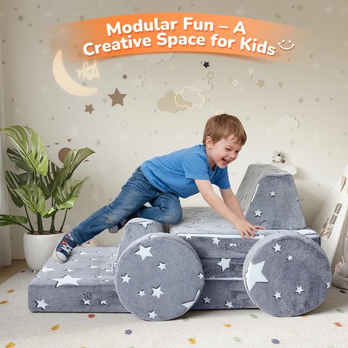 MeMoreCool Kids Play Couch, 8-Piece Modular Toddler Couch with Glow in The Dark Stars – Convertible Fort Builder Kids Sofa, Soft Foam Indoor Climbing Furniture with Washable Covers for Boys and Girls