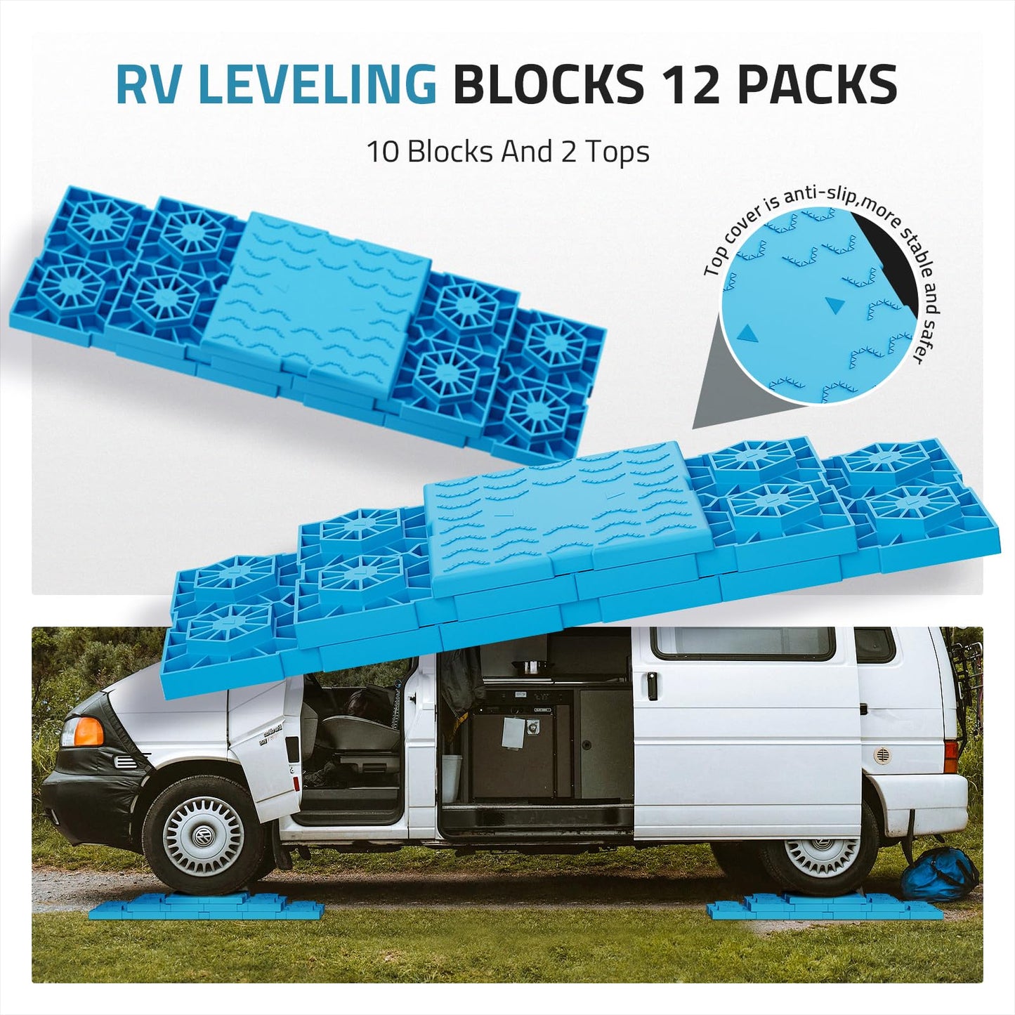 PAULINN RV Leveling Blocks 12 Pack, Heavy Duty Camper Leveling Blocks with 2 Velcro Straps, Interlocking Sturdy RV Blocks for Single & Dual Wheels, Stackable Jack Blocks, Customizable Height, Blue