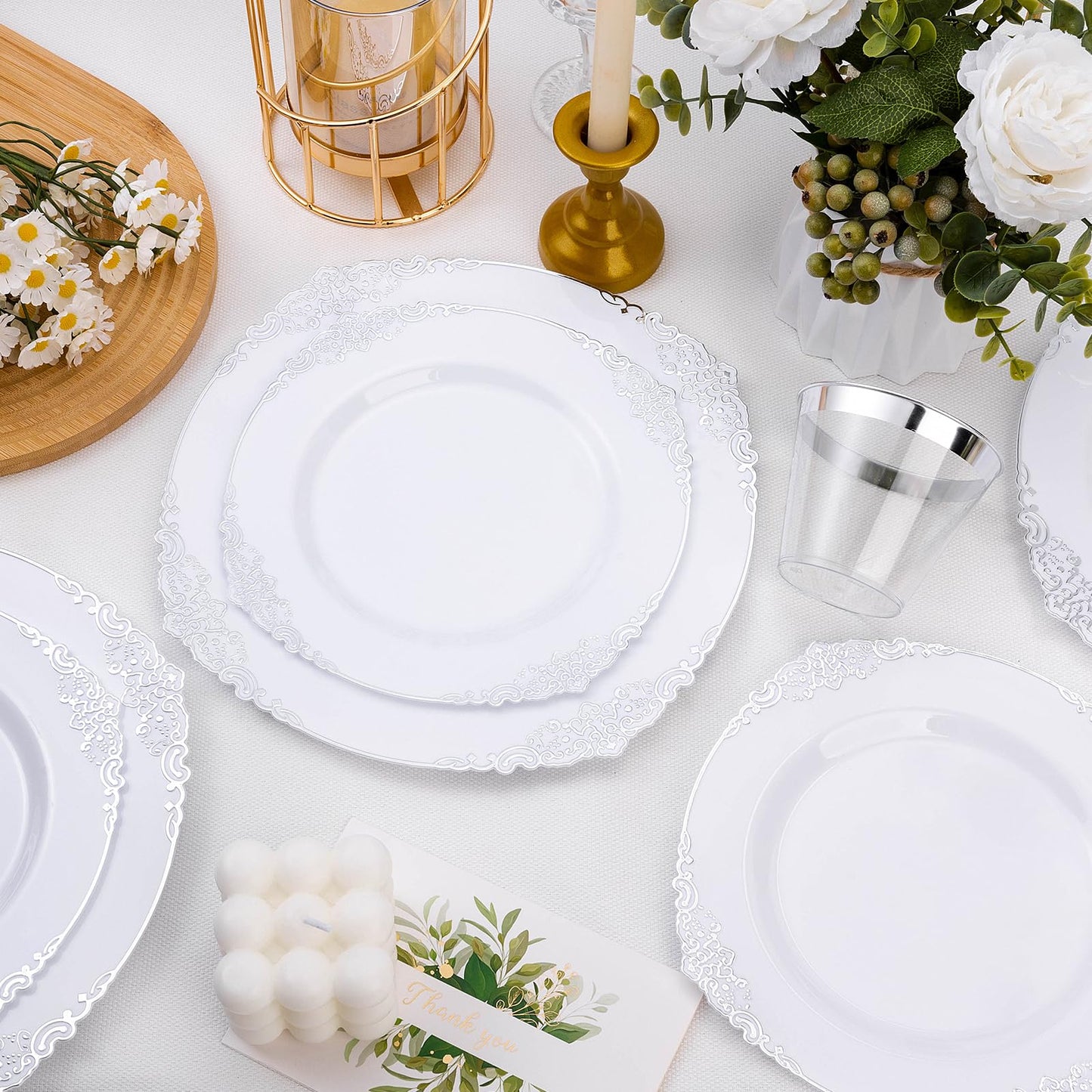 Bestluck 100 PCS White and Silver Plastic Plates for 50 Guests, Rose Gold Disposable Plates Include 50 PCS Dinner Plates, 50 PCS Dessert Plates for Party, Wedding and Baby Shower