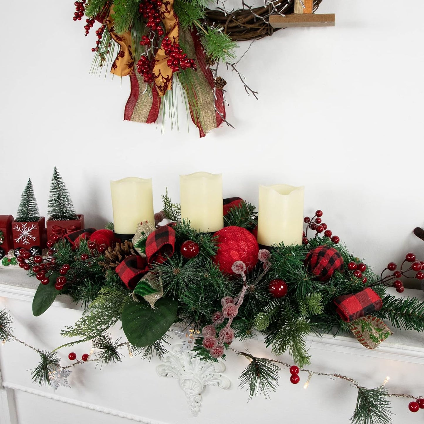 Northlight Pine Triple Candle Holder - Festive Bows & Plaid Ornaments | 30" Green Decor