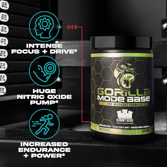 Gorilla Mind Base Pre Workout - Raises Nitric Oxide Intense Focus & Drive Endurance Power - L-Citrulline, L-Tyrosine, Betaine, Alpha-GPC, Caffeine, Huperzine A - 360 Grams (Volcano Burst)