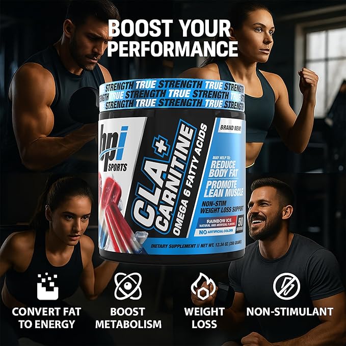 BPI Sports CLA+Carnitine ??CLA L Carnitine & Linoleic Acid ??L Carnitine Supplement for Weight Loss, Metabolism & Lean Muscle ??Caffeine Free ??Rainbow Ice ??50 Servings ??12.34 oz