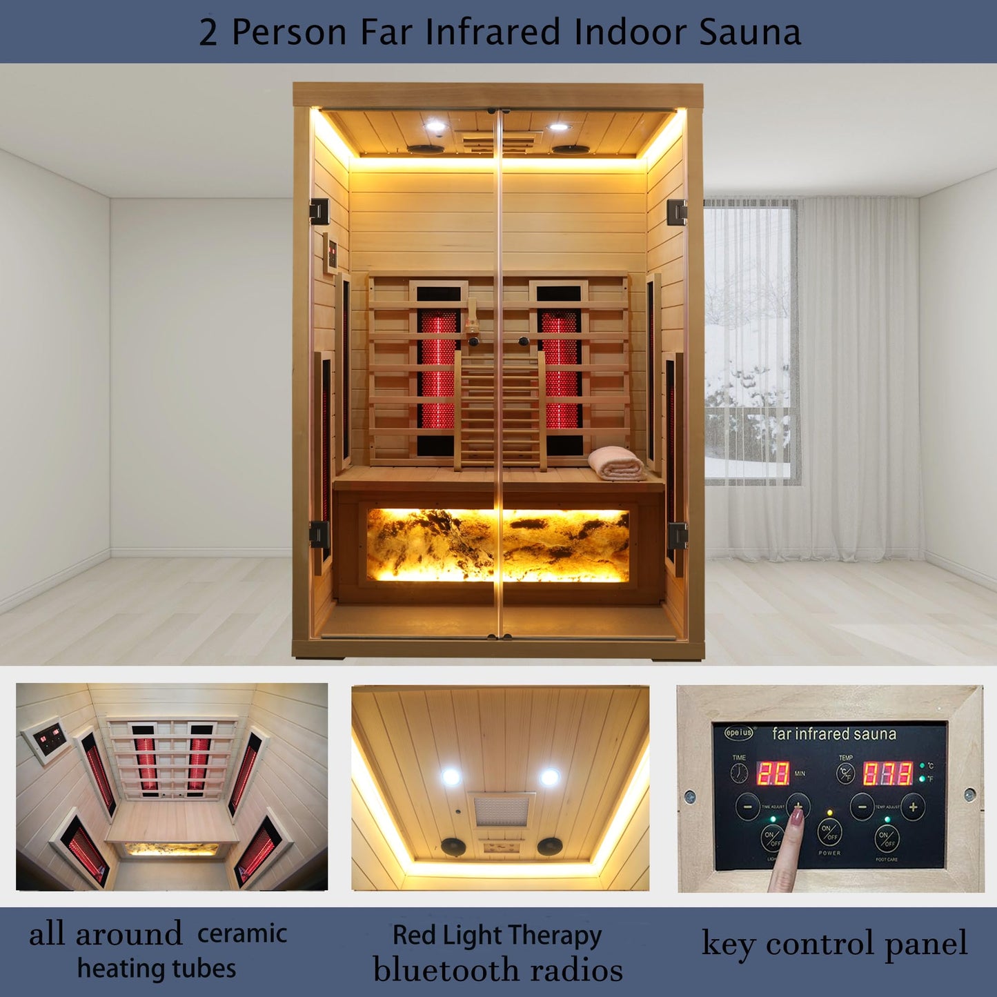 KUNSANA Ceramic Infrared Saunas 2 Person, Infrared Sauna with Red Light Therapy, Far & Near Infrared Sauna Indoor, Low EMF Infrared Sauna for Home, Deluxe Glass Home Sauna with Granite Backdrop