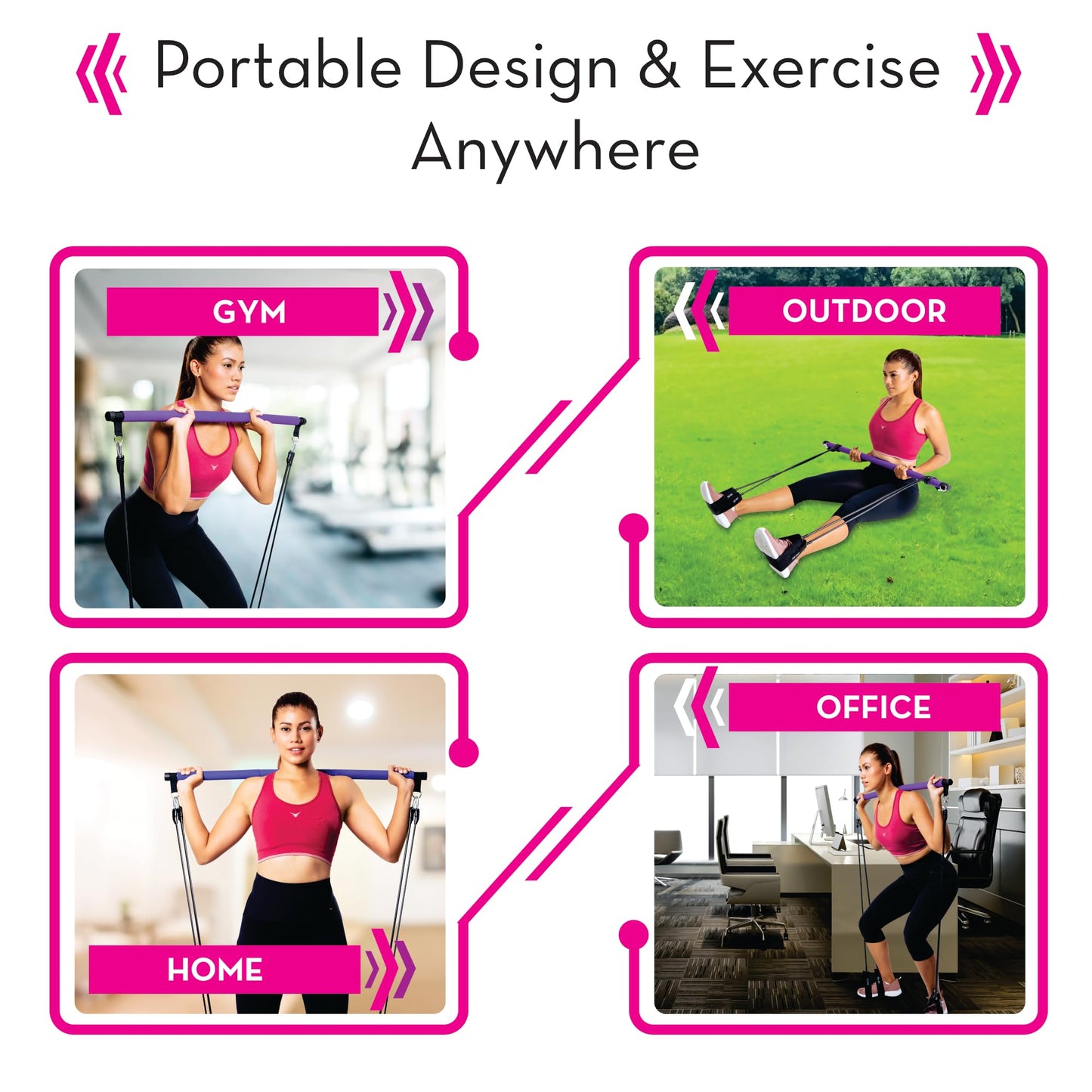 INX SPORTS Pilates Bar Kit with Resistance Bands (Up to 100lbs) - Portable Home Gym Equipment for Squats, Yoga, and Full Body Toning - 3-Section Steel Bar + Fabric Booty Band