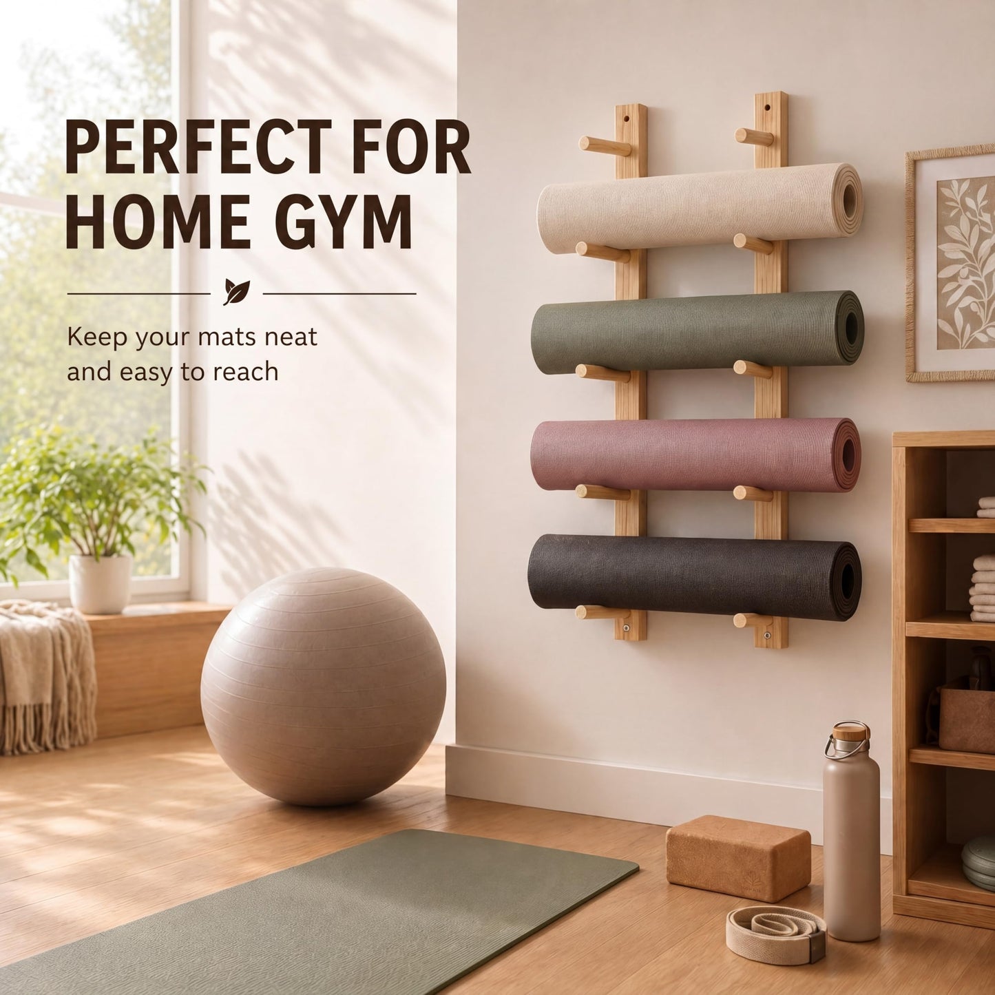 Cinnvoice 1 Pair Yoga Mat Holder Wall Mount Wooden Yoga Mat Storage Racks for Foam Roller & Fitness Accessories 5 Layer 35.4 x 7 x 2 Inches, Accommodating 5 Mats Home Gym Organize