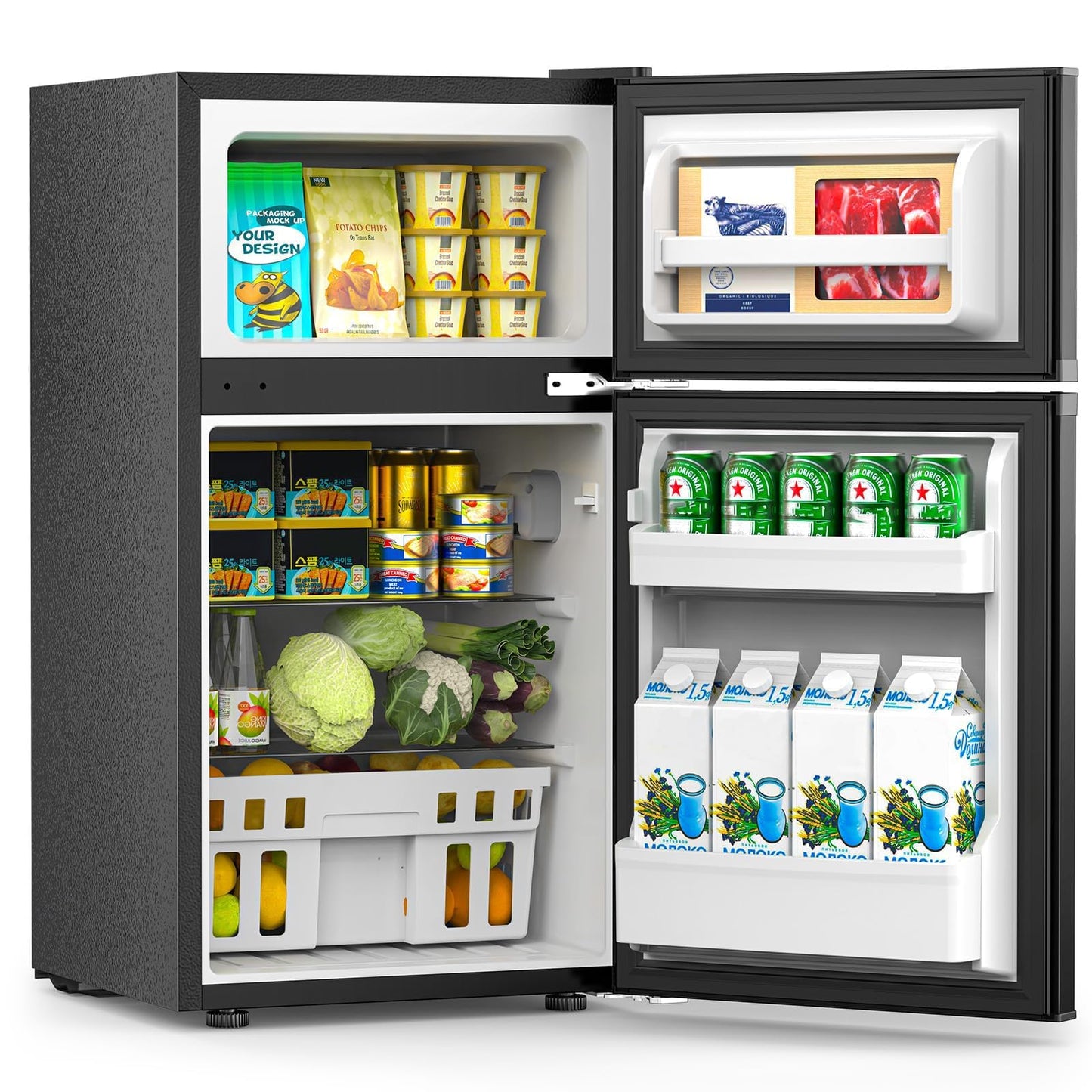 COWSAR 3.2 Cu.Ft Fridge with Freezer, Double Door Compact Fridge for Bedroom, Adjustable Thermostat, Energy-efficient Low Noise Small Refrigerator For Dorm, Office, Bar, RV, Bedroom,Commercial