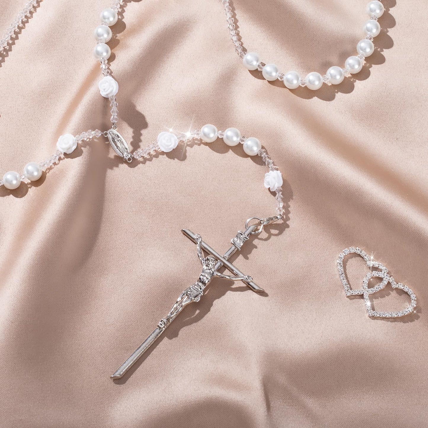FUNPAR Lazo Para Boda, Pearl Wedding Lasso for Ceremony Catholic Gift, Rosario Lazos Para Boda Catolica, Lazo De Bodas Para Los Novios, Lasso for Wedding Ceremony, Wedding Pearl Rosary(Silver)