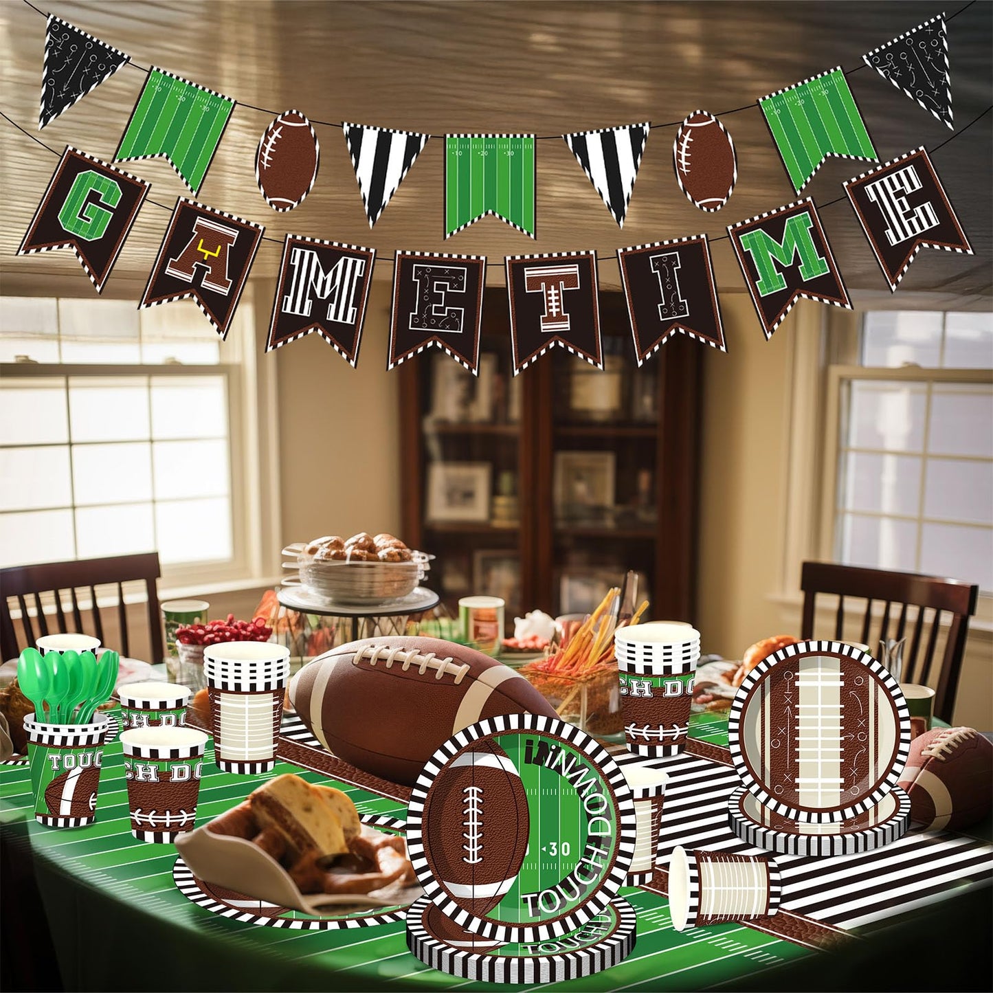 Zhehao 196 Pcs Football Birthday Party Decorations Serve 24 Guests Football Party Supplies Tableware Set Banner Tablecloth Plates Cups Cutlery Straws Napkins for Birthday Day Tailgate Decorations