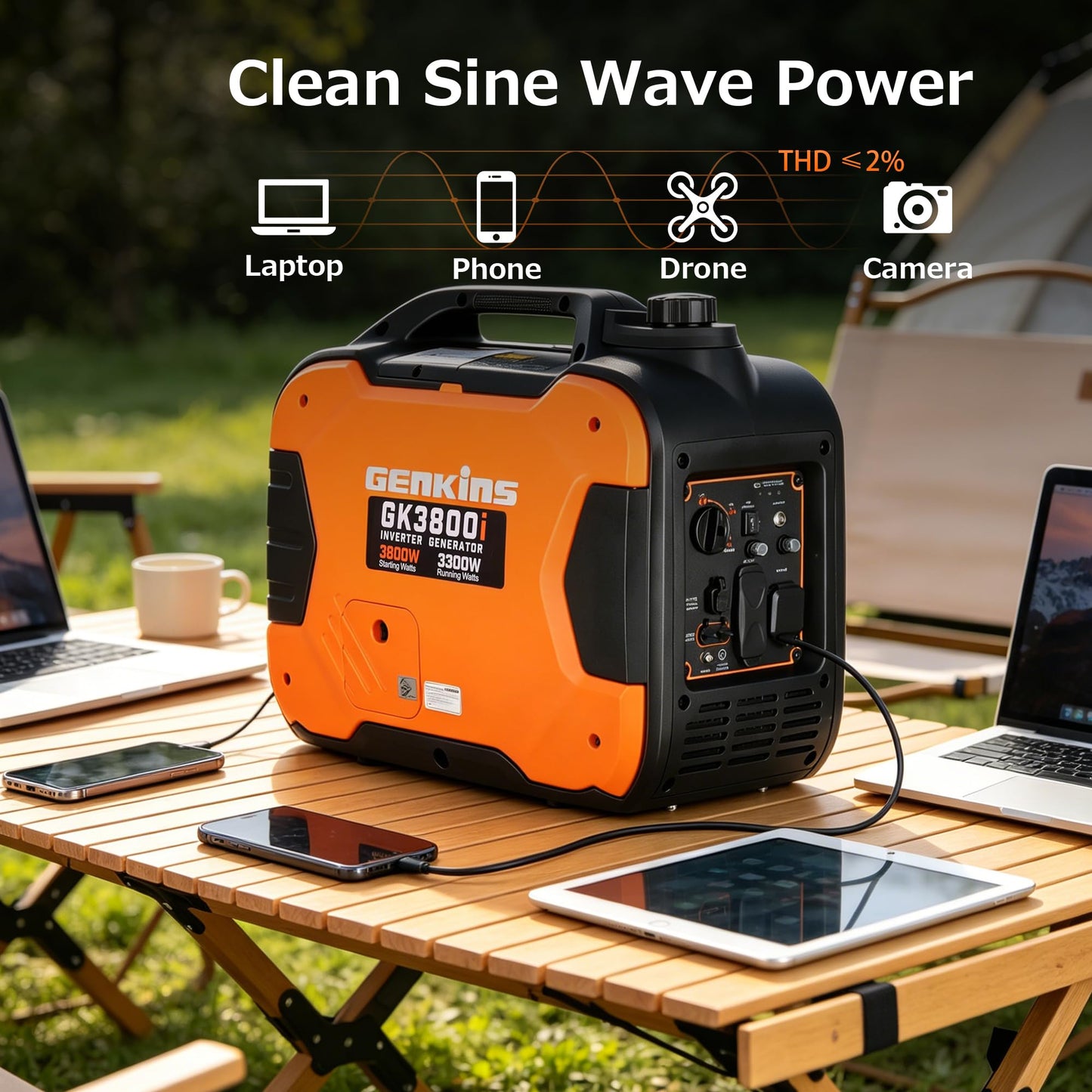 GENKINS 3800W Portable Parallel Capable Inverter Generator,Gas Powered,CO Sensor & ESC Fuel-Saving,Ultra Quiet, RV Ready, Ideal for Camping & Outdoor Use, EPA Compliant
