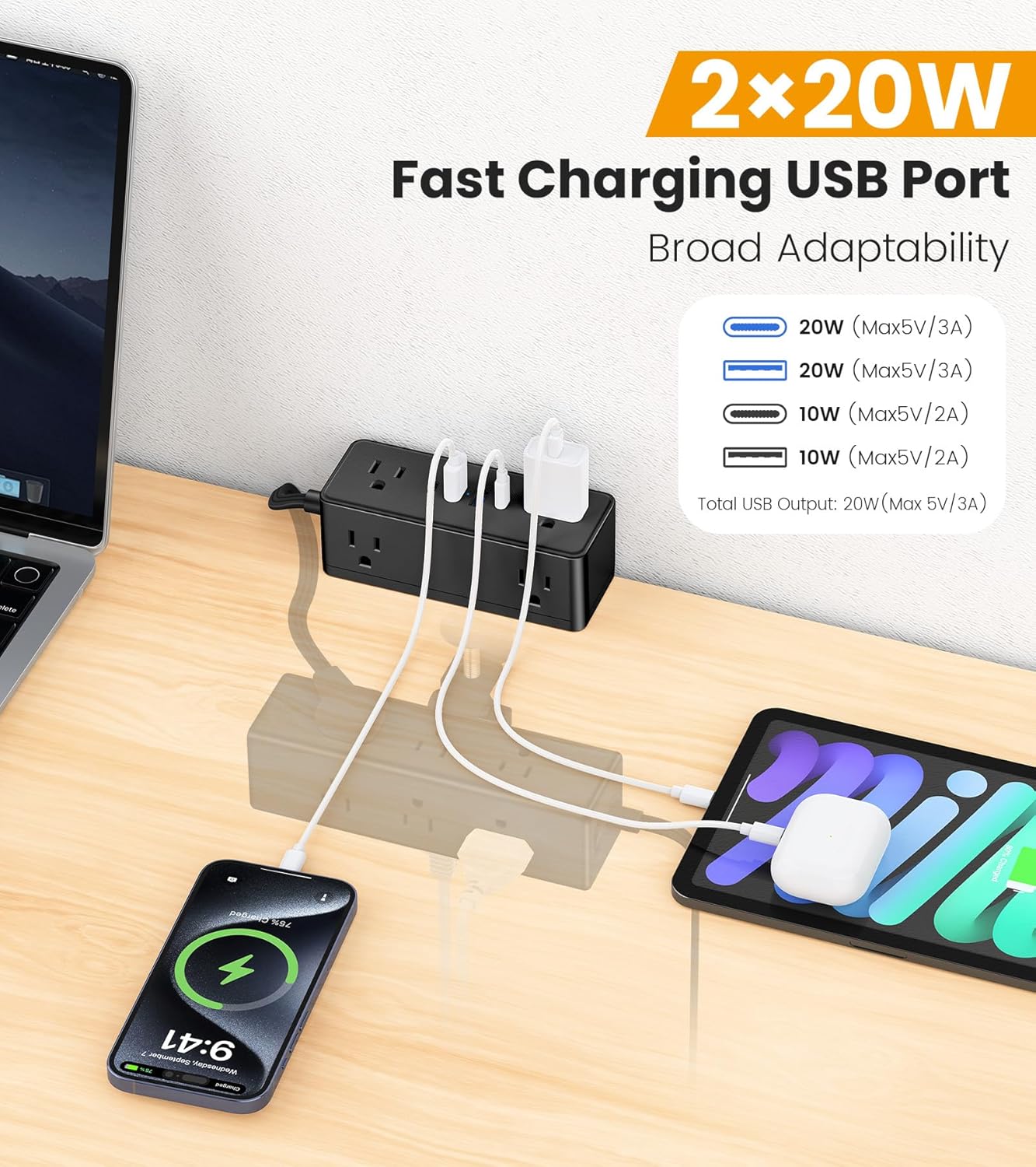 VILONG 4 Ports(20W 15 5FT Dual Layer Desk Clamp Power Strip with USB USB-C) & AC Outlets, Desktop Edge Mount Surge