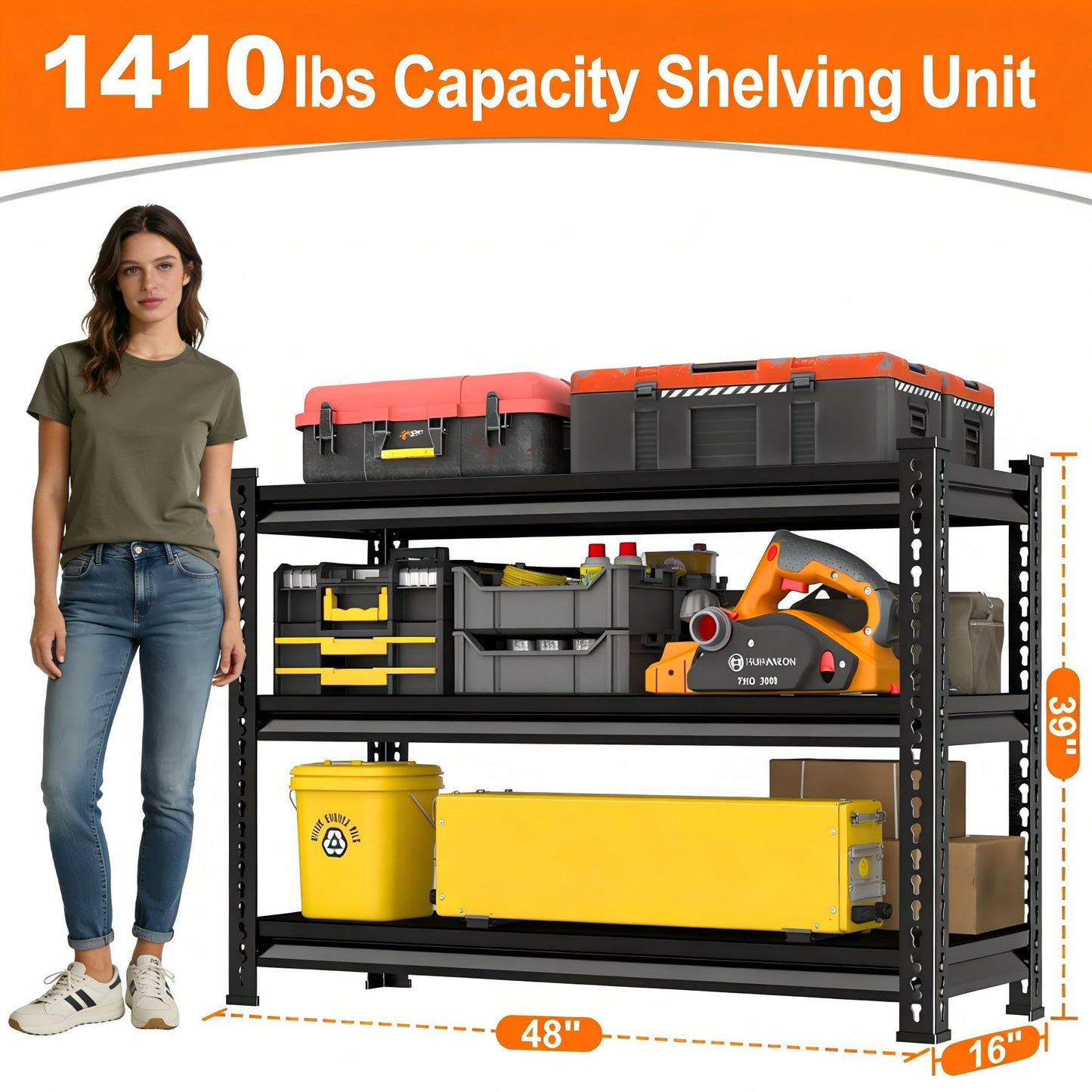 Huhaneon Metal Garage Shelving for Storage - 48'' W 1,410 Lbs Heavy Duty 3 Tier Utility Shelves Freestanding - Adjustable Rack Units for Basement Pantry Kitchen - 48" W x 16" D x 39" H Black