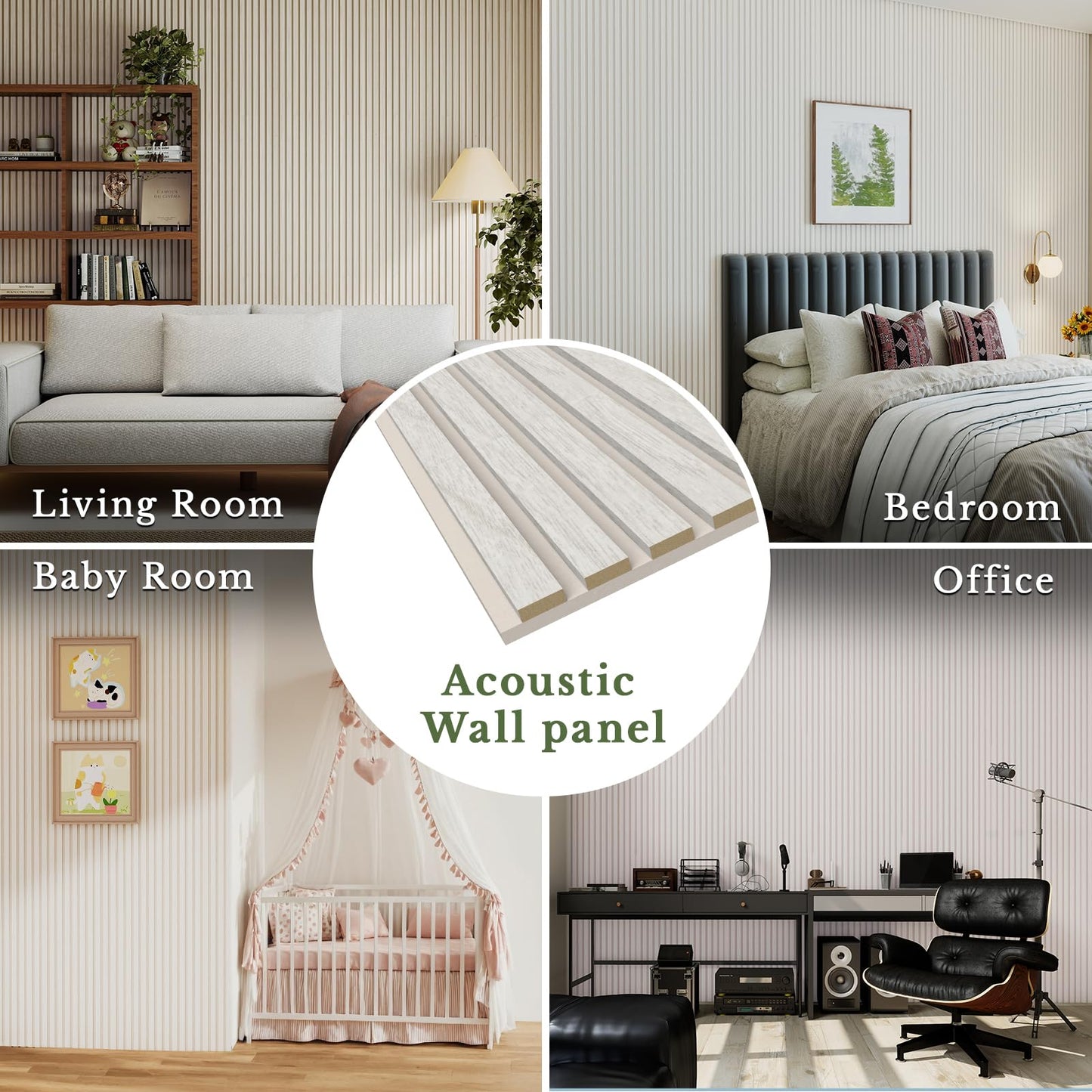 MISSDAY Wood Slat Acoustic Wall Panels, 4 Packs 47.2" x 23.6" White Soundproof Panel For Interior Wall Decor Noise Absorbing-3D Textured Wooden Panel Sound-Absorbing for Home, Office, Studio