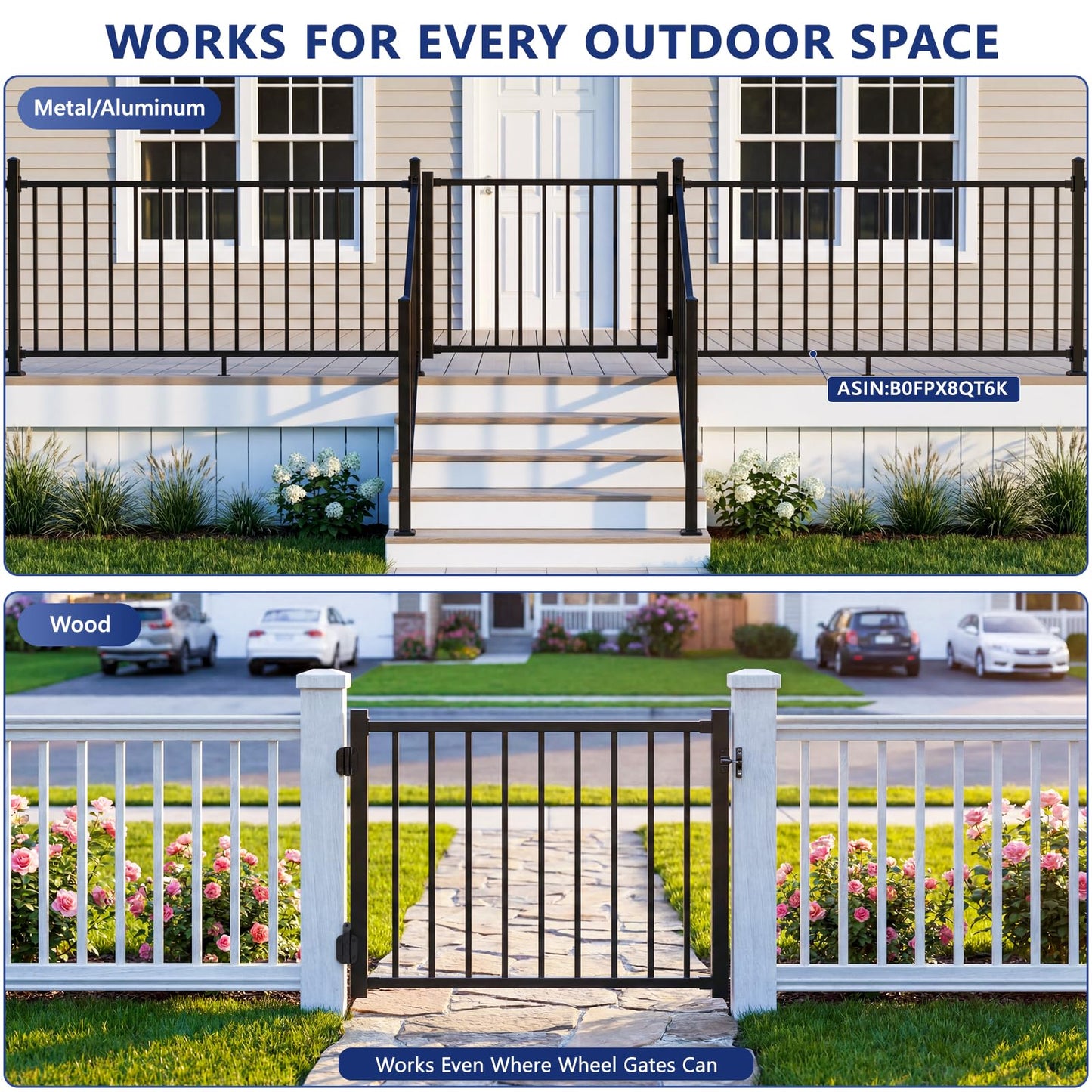 Guwezoy W.4ft x H.36in Aluminum Deck Gate Outdoor, Cuttable Porch Gate Kit with Latch and Auto-Closing Hinge, AAMA 2604–Grade Sand-Texture Black Outdoor Gate for Deck Railing Patios, Porch, Garden