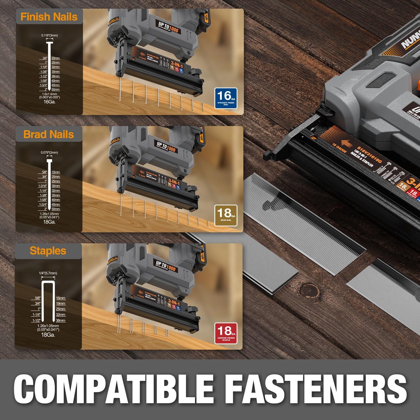 NuMax 18V Cordless 3-in-1 Nail Gun Kit – 2" 16 & 18 Gauge Finish Nailer, Brad Nailer, and Narrow Crown Staple Gun – Includes Battery, Charger & Fasteners – S18V31618G