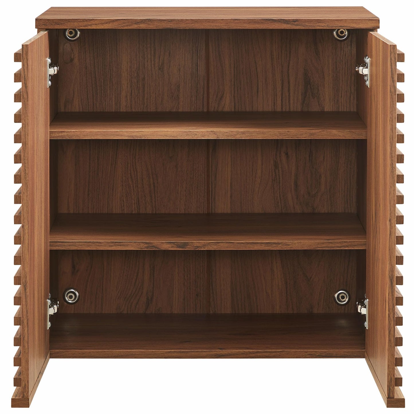 Modway Render Wall Mounted Bathroom Cabinet in Walnut - 23.5 Inch Compact Wall Storage with Slatted Doors and Adjustable Shelves for Bathroom or Laundry Room