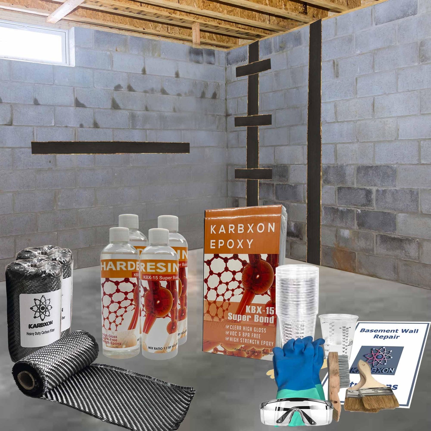 25 ft - Carbon Fiber-Basement Wall Crack Repair Kit - Carbon Fiber Foundation Wall Repair - Easy DIY Repair Includes Epoxy, Tools & Safety Gear