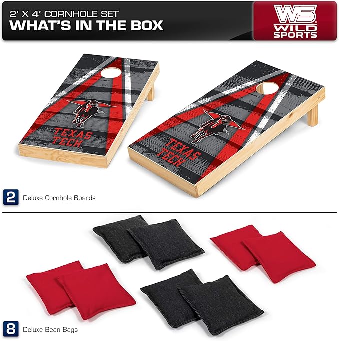 Wild Sports NCAA College 2' x 4' Wood Direct Print Tournament Cornhole Set, 8 Bean Bags, Vintage Triange Design - Tailgate, Outdoor, Backyard