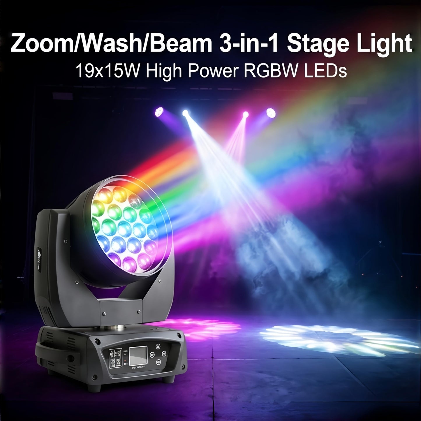 JCYWFLODY 19x15W Moving Head Light for Stage Lighting Effect, RGBW 4-in-1 LED Stage Light with Zoom Beam Wash, Auto DMX Control DJ Lights for Parties Wedding Disco Music Nightclub Show Bar, 1 Pack