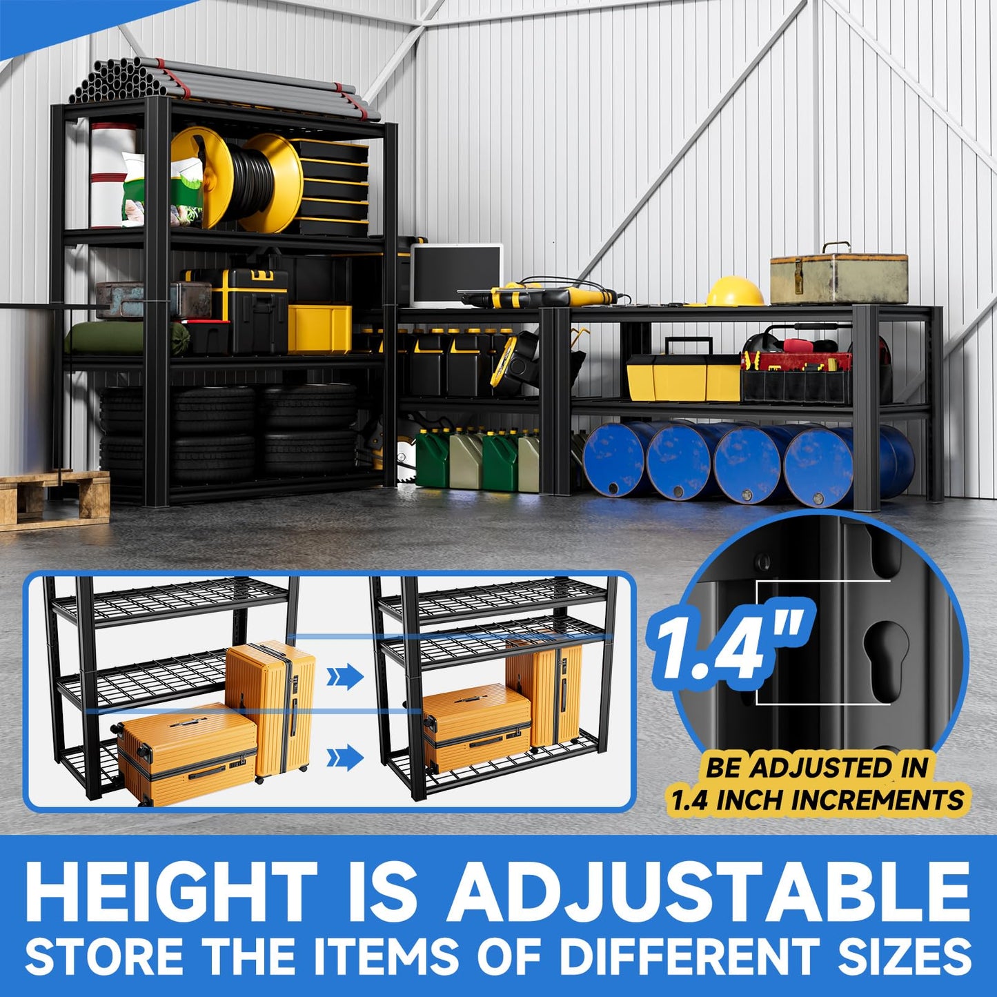 cynnda 4-Tier 40" W x 19.7" D x 60" H Garage Shelf Heavy Duty Metal Garage Shelving Load 2200LBS Utility Shelves Industrial Rack Adjustable Shelves for Garages Basement Storage Shelves (Black)