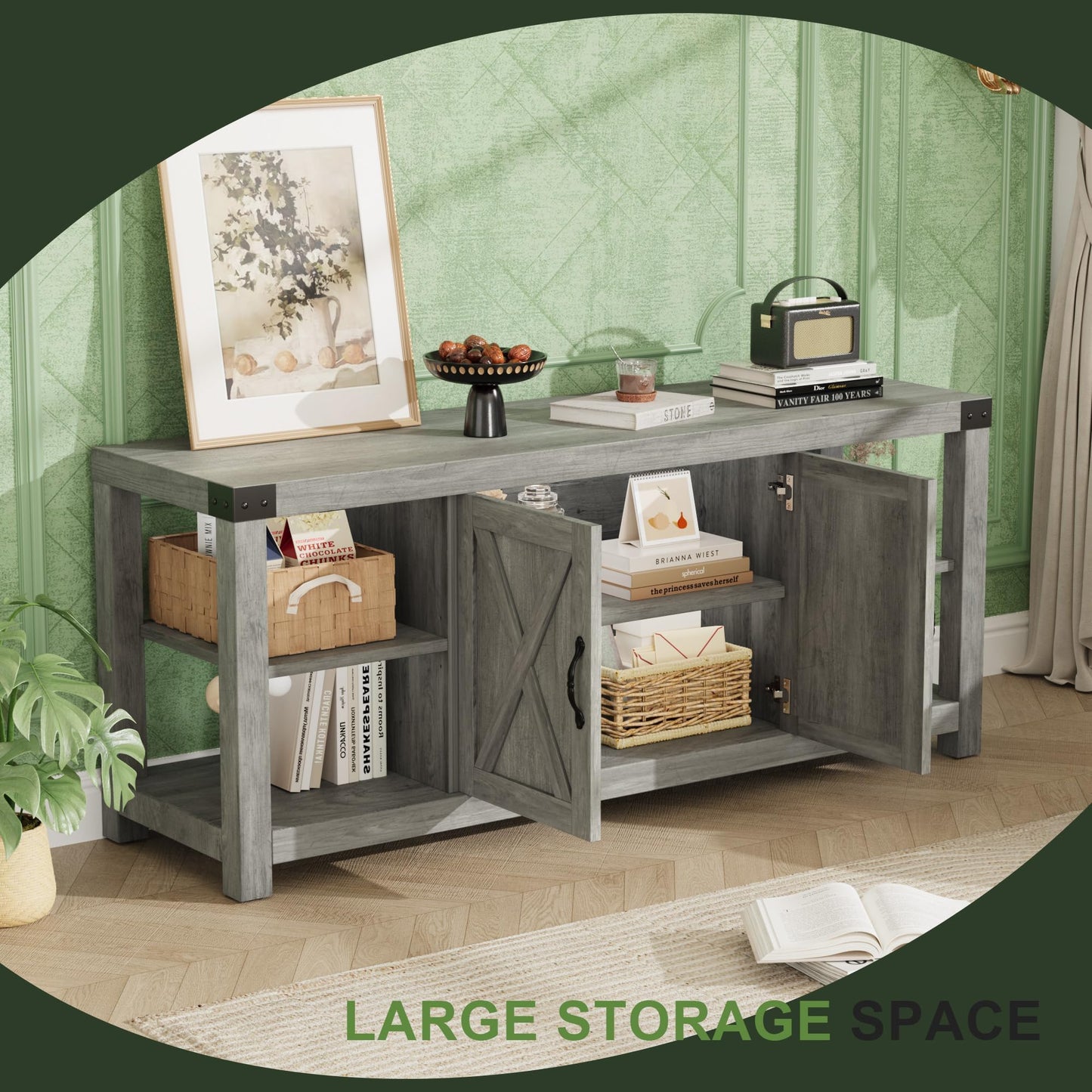 Garvee TV Stand for 65'' TV, Farmhouse Entertainment Center with Storage, 60'' TV Console Table with Shelves, Modern Media Console Cabinet with Doors, Wooden TV Stand for Living Room, Bedroom, Grey